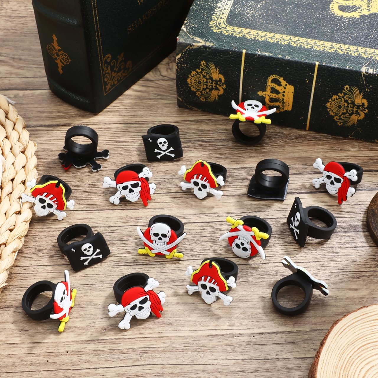 BESTOYARD 32 Pack Pirate Rings for Kids, Halloween Rubber Pirate Toy Set | 4 Assorted PVC Jelly Ring Designs for Costumes, Birthday Goodie Bags, Trick or Treat Prizes and Themed Events Party Favors