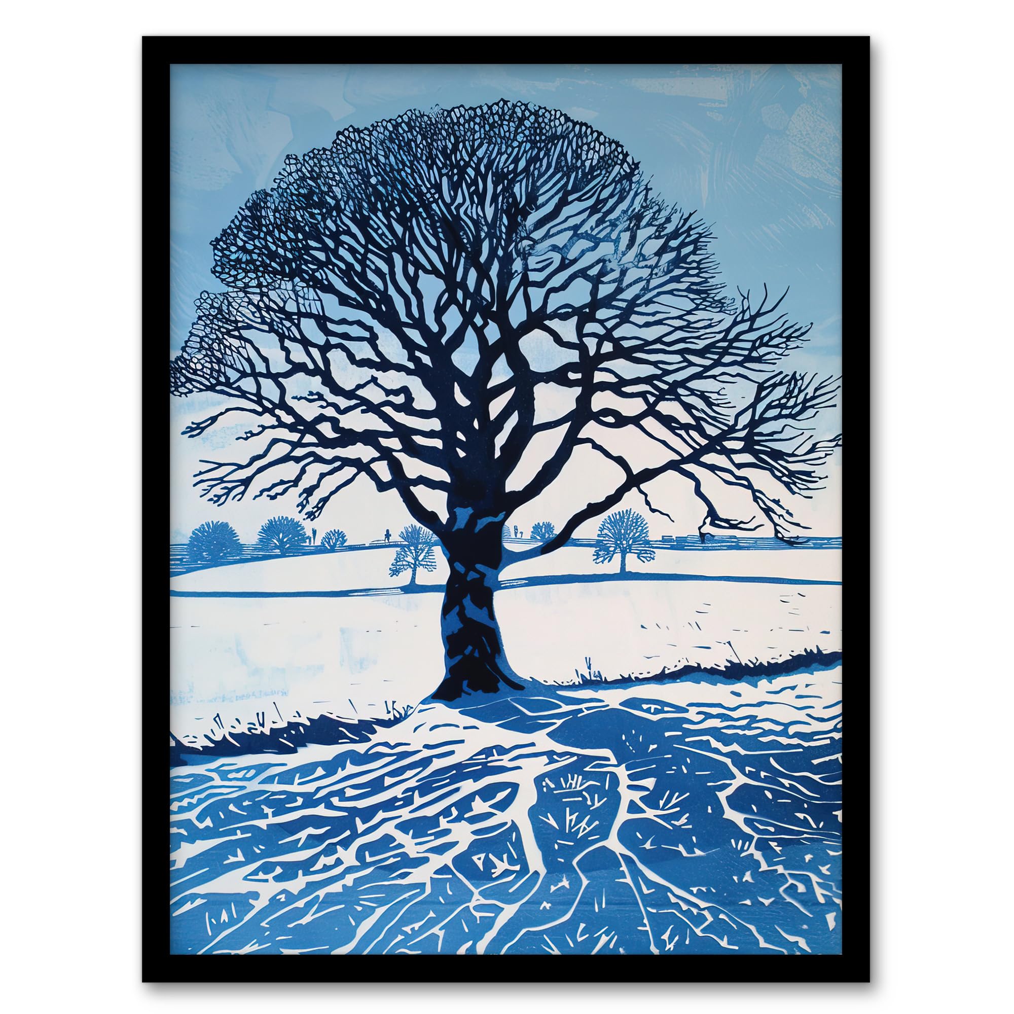 Artery8 Winter Oak Tree Silhouette Snow Field Landscape Living Room Artwork Framed Wall Art Print 18X24 Inch
