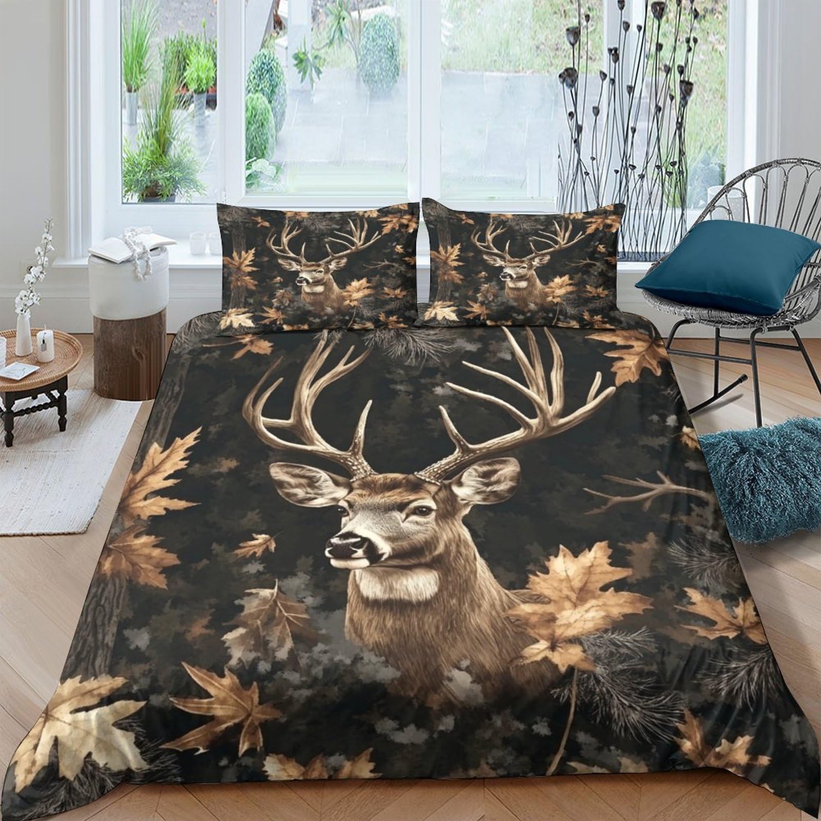 Ctjqhvkz Style-7 3D Printed Deer Forest Fitted Sheet Microfiber Soft Autumn Leaves Bed Cover For Bedroom Guest Room Decor Single（135X200cm）