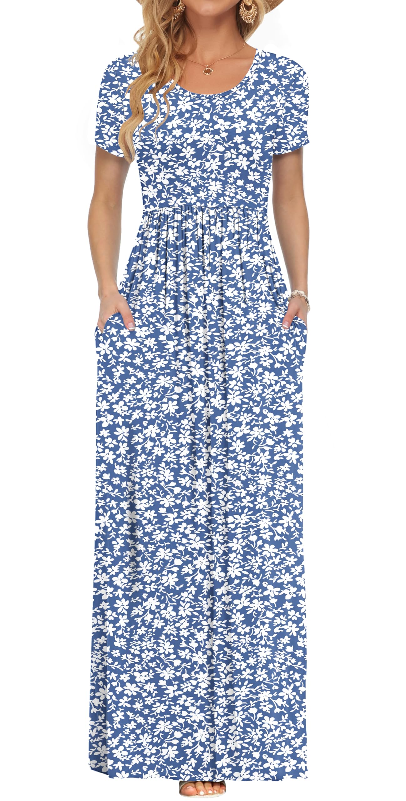 AUSELILY Women's Summer Short Sleeve Loose Plain Casual Long Maxi Dresses | Year Round wear solid floral print, Casual wear, Empire waist, Floor length, Side pockets