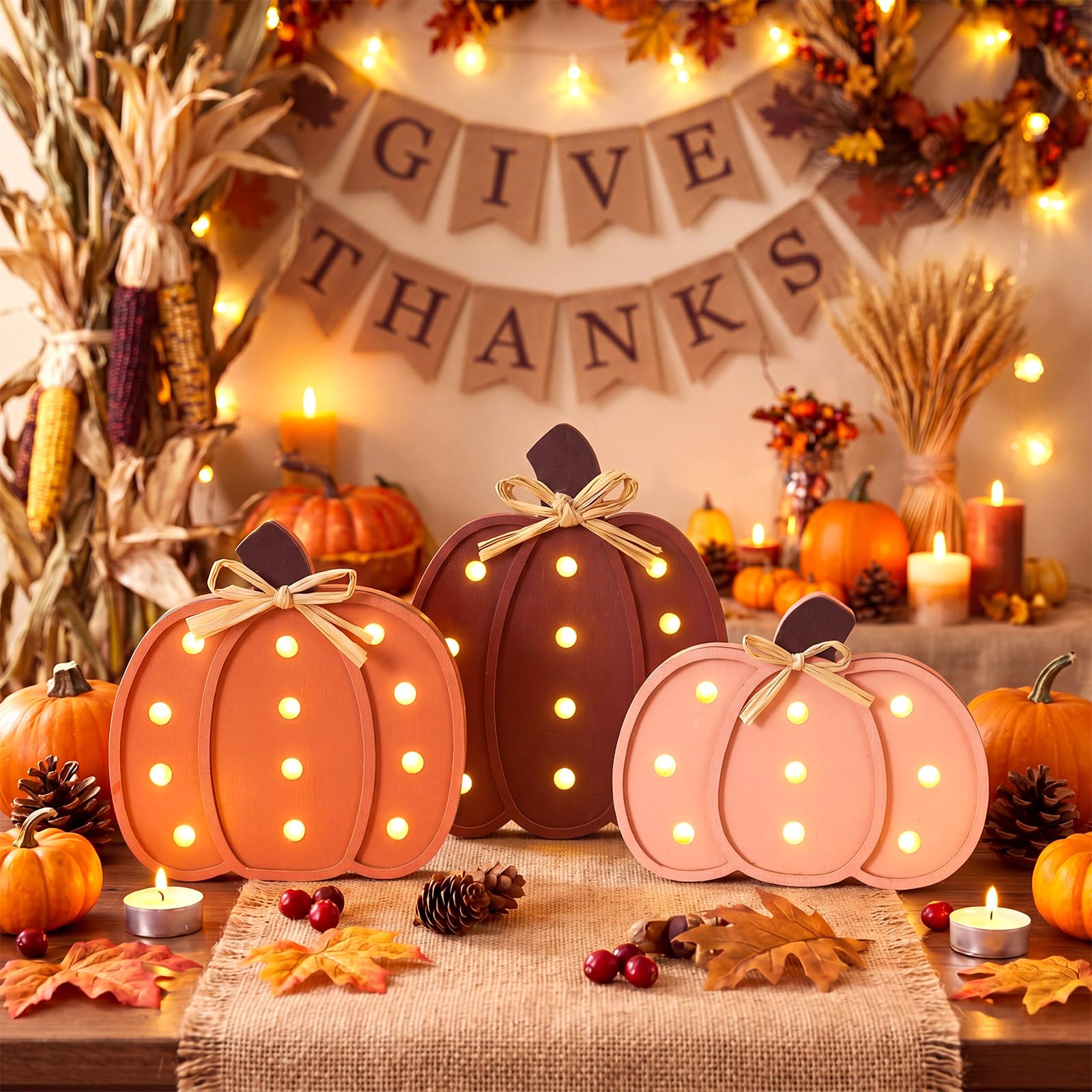 Youyole 3 decorazioni autunnali per la casa, zucche in legno rosa con fiocco, a batteria, decorazione rustica per il raccolto per il Ringraziamento, Halloween, casa, cucina, decorazione da tavolo