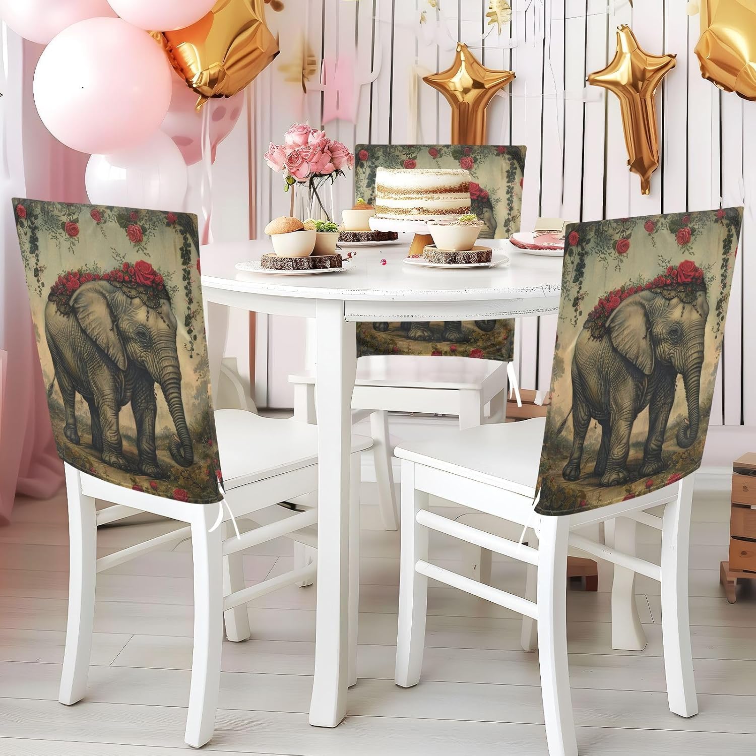ALAZA Elephant Romantic Flowers Chair Back Cover Set of 6, Washable Reusable Removable Chair Slipcovers Decorative Chair Cover for Home Kitchen Wedding Party