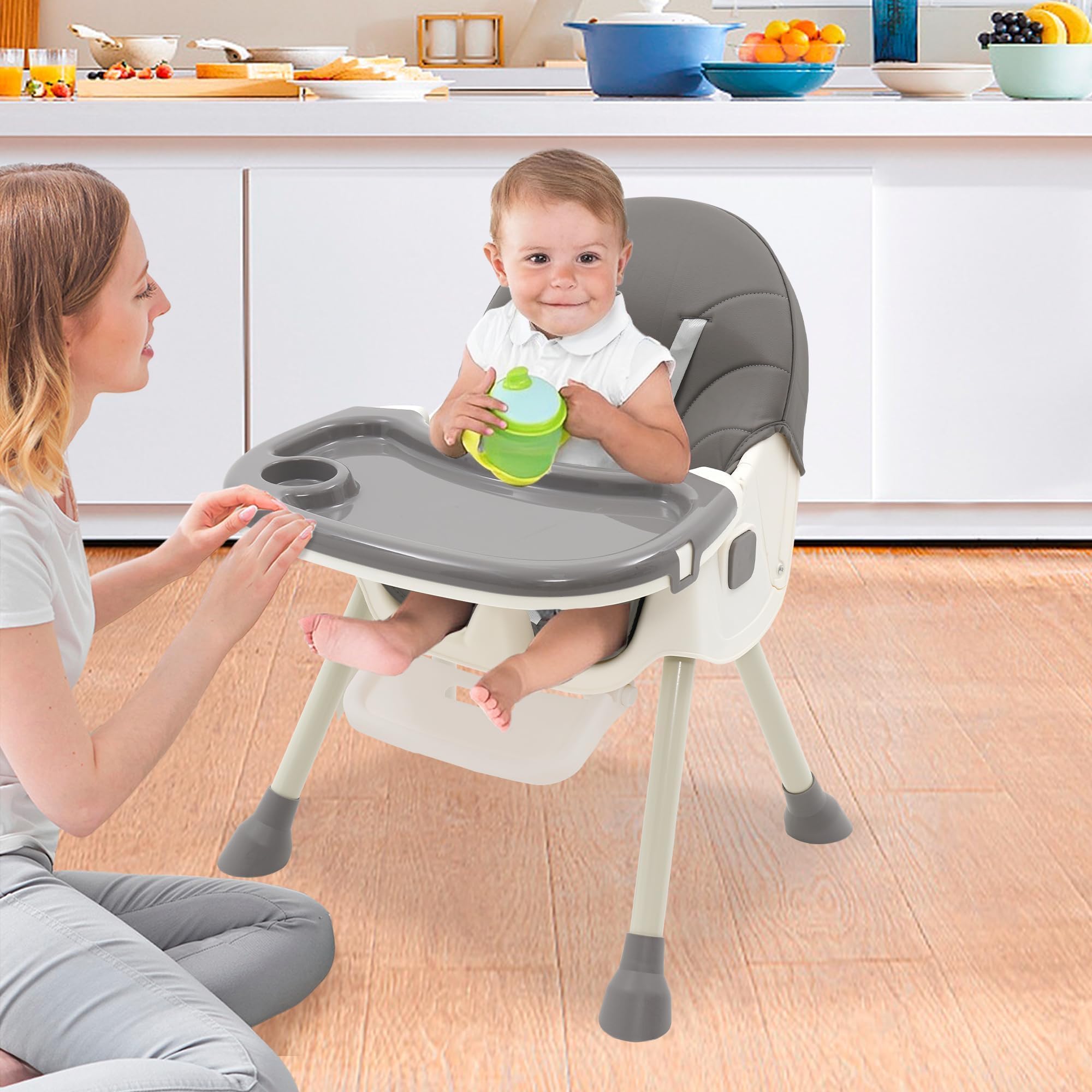 Trona Bebé 3 en 1 Plegable - 3 Posiciones Reclinable Con Ruedas, Doble Bandeja Extraíble, Asiento Reposapiés, Altura Regulable - Para Bebés 6+ Meses, Gris