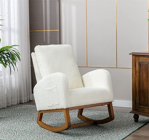 KINFFICT Comfy - Silla mecedora tapizada para guardería o relajación, sillón de sala de estar con respaldo alto, mecedora moderna con bolsillo