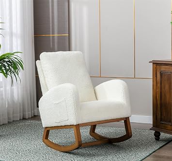 Comfy Rocking Chair, Upholstered Accent Glider Rocker for Baby Nursery or Relaxation, Living Room Armchair with High Back, Modern Rocking Glider with Side Pocket, Cream White