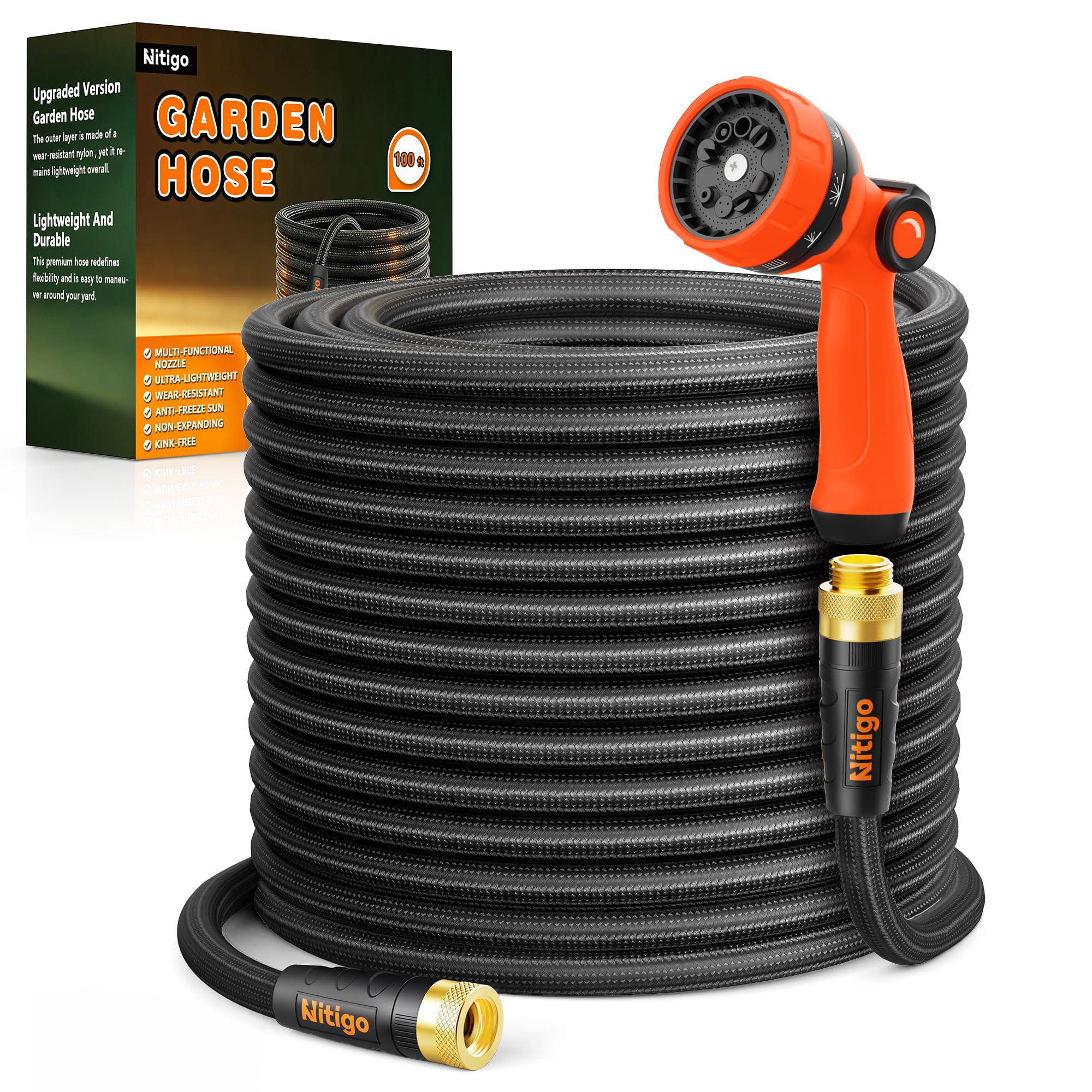 Photo 1 of Nitigo Ultra Lightweight Garden Hose 100FT, Non-Expanding Water Hose with 10-Function Nozzle, Wear-Resistant Nylon Outer Layer, No-Kink, Leak-Proof, Burst 280 PSI for Yard, Outdoor (3/4" GHT)