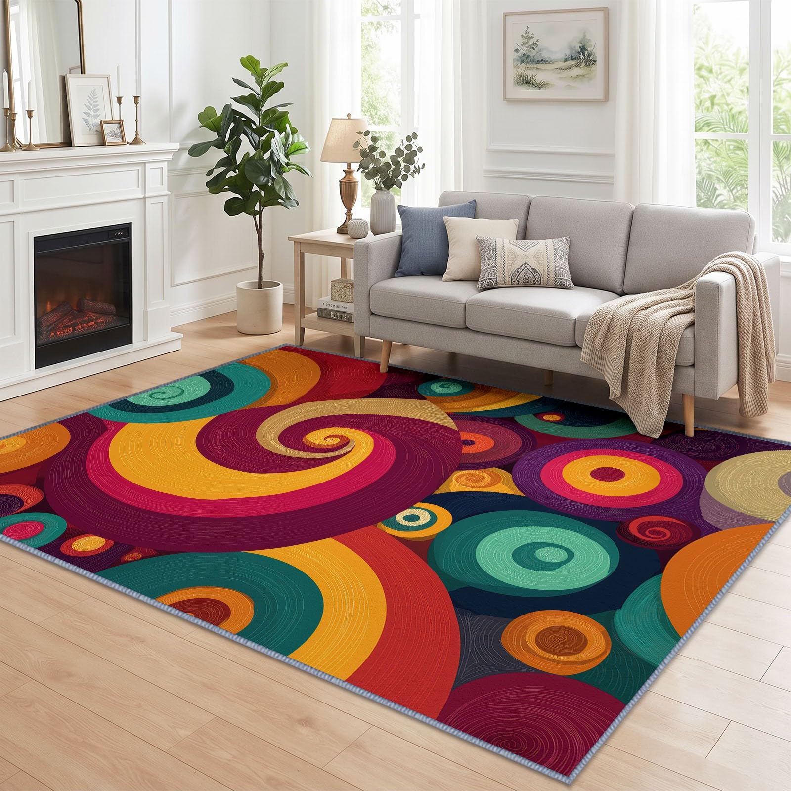 Vintage Années 70 Grand Tapis Salon Antidérapant Lavable en Machine 80x150cm, Poil Ras Doux Motif Spirale Moulin Vent Tapis pour Salle a Manger Bureau Cuisine Decoration Chambrel