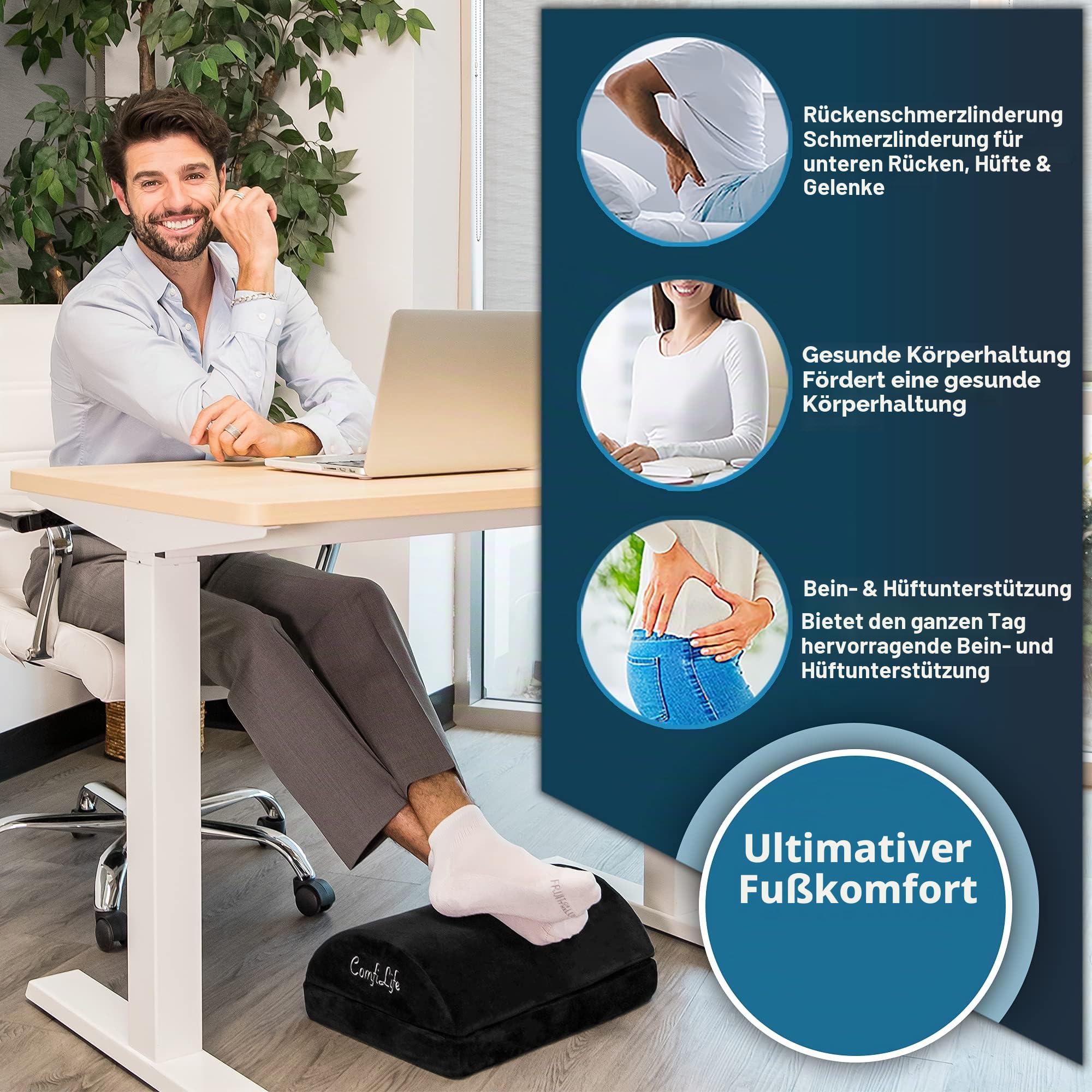 ComfiLife Fußstütze für unter dem Schreibtisch bei der Arbeit,Verstellbare Memory Foam Fußstütze für Bürostuhl & Gaming Stuhl,Ergonomisches Design zur Linderung von Rücken- & Hüftschmerzen (schwarz)