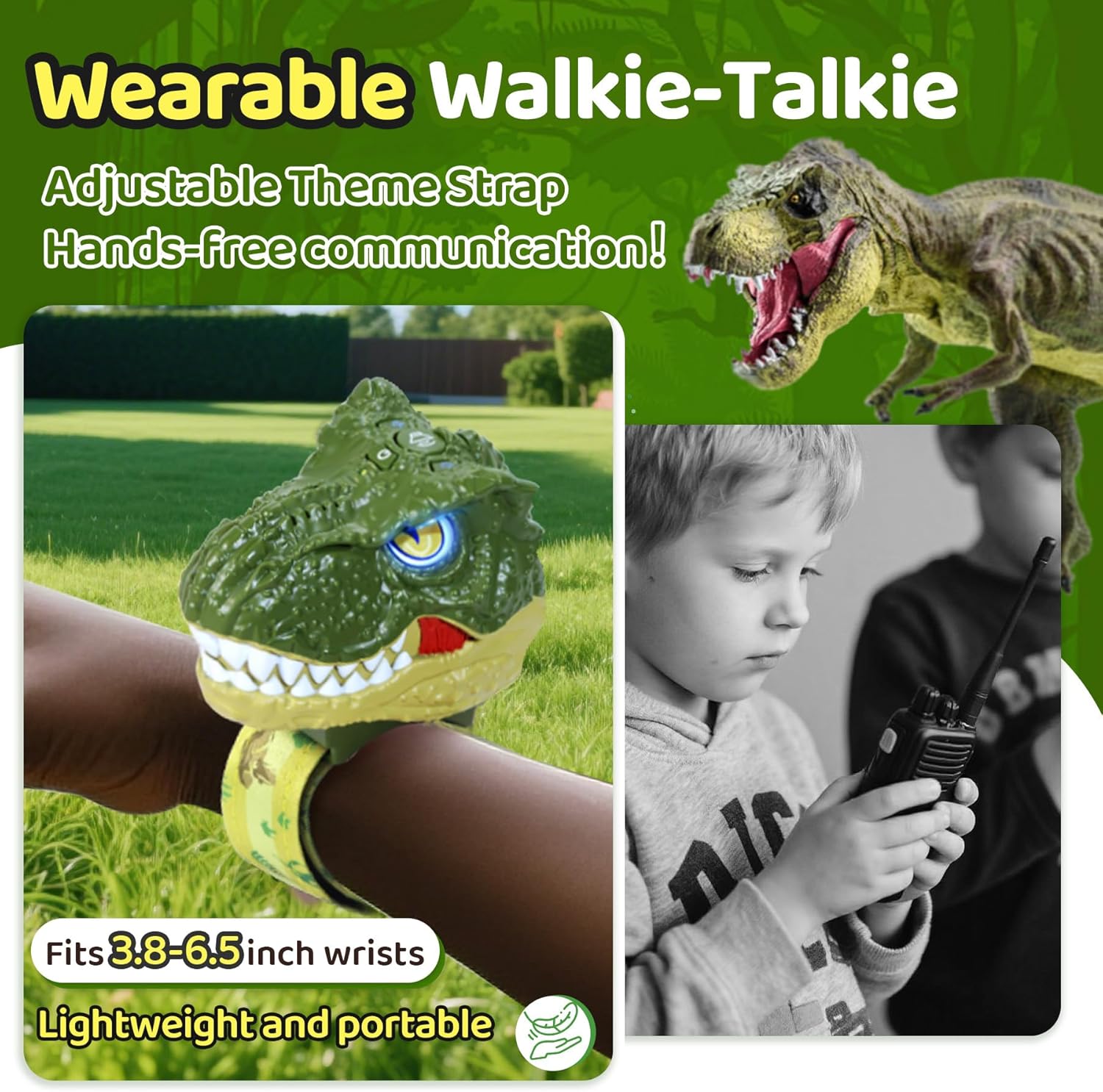 Vvinca Walkie Talkies for Kids 4 Pack - Dinosaur Toys for Boys Age 3-5 5-7 8-12 T-Rex Adjustable Wrist Strap Long Range Clear Sound Outdoor Camping Gears Christmas Birthday Gifts Stocking Stuffers