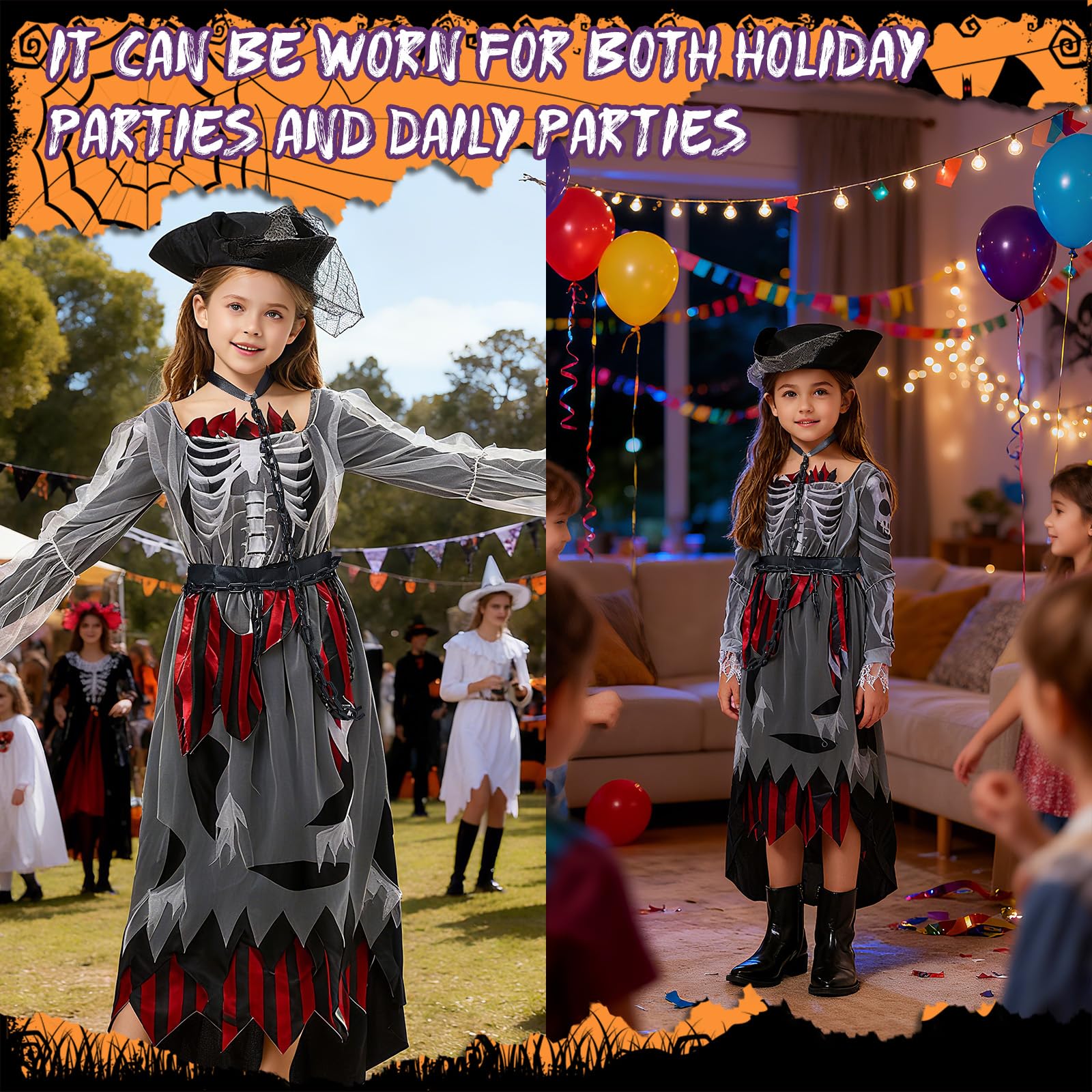 Pirate Zombie Costume Girls Pirate Dress Set including Pirate Hat Horror Scary Skirt Medieval Gothic Viking Clothing Children for Halloween Carnival Theme Party (130 cm) - Image 2