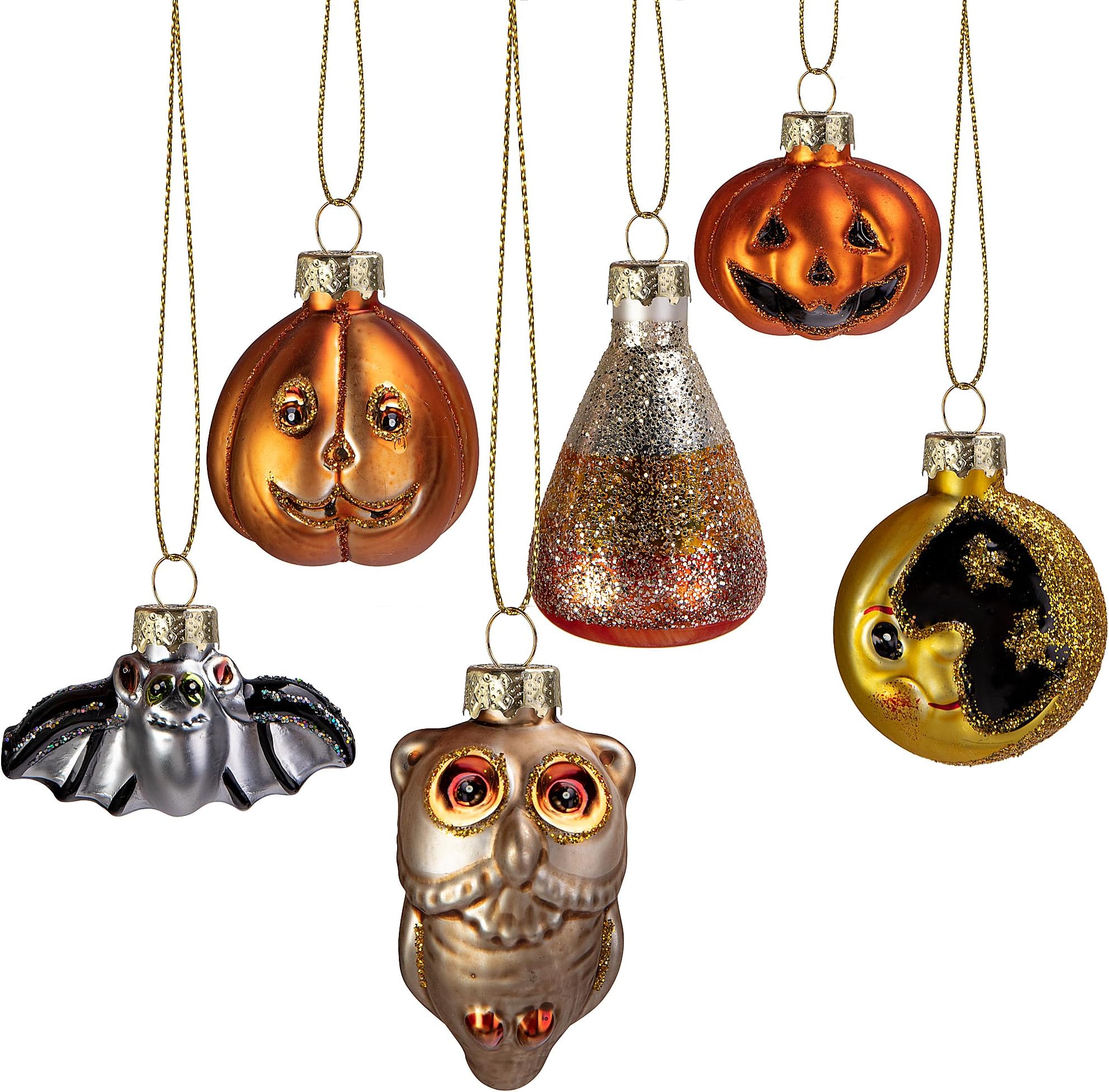 Deloky 6 Pcs Halloween Glass Blown Hanging Ornaments- Halloween Decoration Glass Tree Decoration - Halloween Bat Pumpkin Owl Glass Ornaments for Halloween Haunted House Party Decor