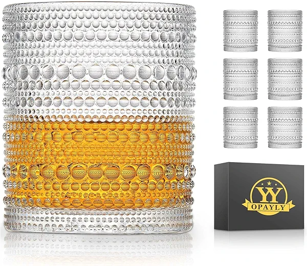 OPAYLY hobnail Drinking Glasses Old Fashion Glass 10oZ rocks glasses Set of 6 glasses Water Juice Cocktail Vintage Glassware Set Gift for Men Women