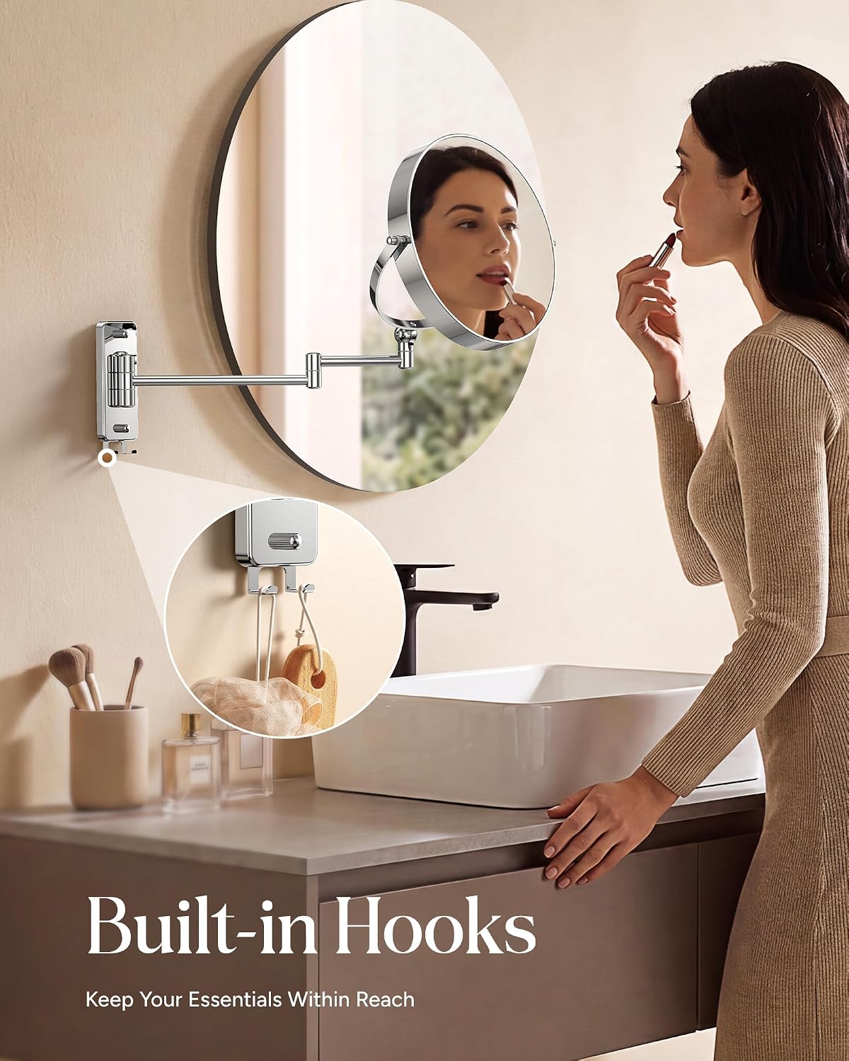 Gospire 9" Height Adjustable Wall Mounted Mirror with 2 Hooks, Chrome