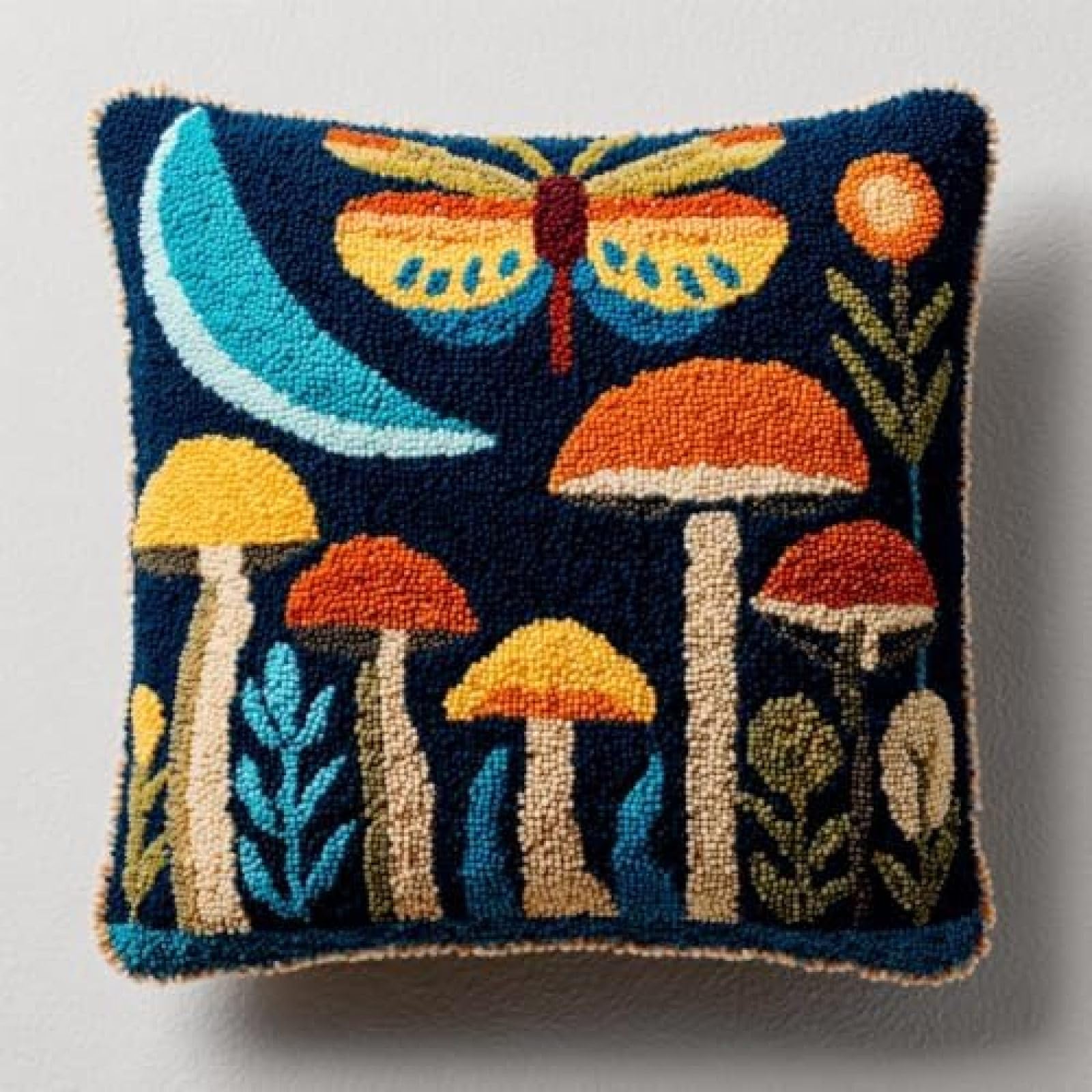 kitphoenix DIY Latch Hook Cushion Kit Moth Blue Moon and Mushrooms,Beginner-Friendly Rug Hooking Pillow Kit,Crochet Craft Cushion Cover for Home Decor,43x43 cm-3
