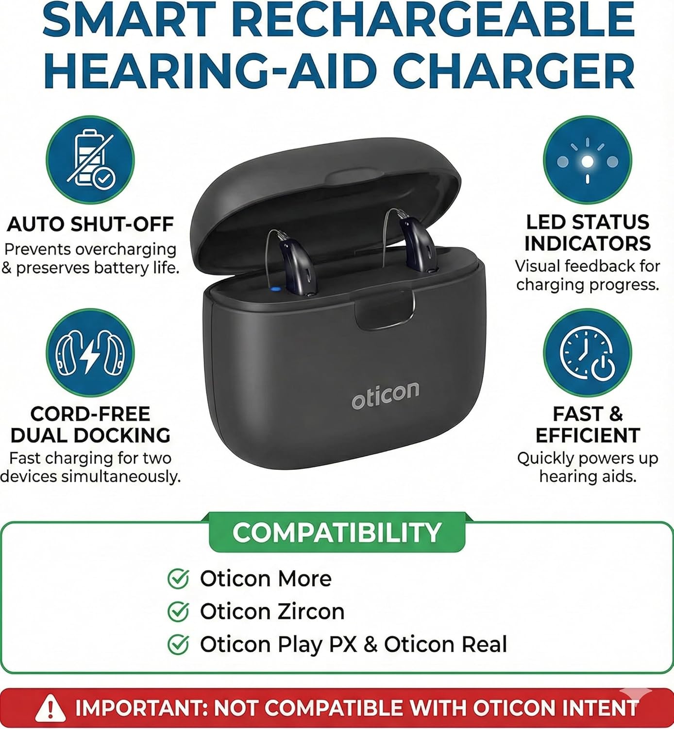 Smart Rechargeable Hearing-Aid Charger with Auto Shut-Off & LED Status Indicators – Fast, Cord-Free Docking Station for Two Devices
