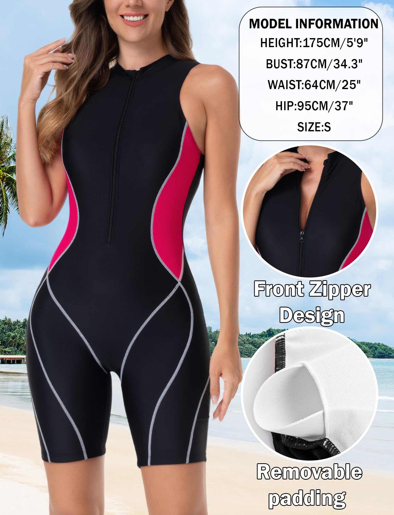 Maeau - Costume da bagno 1 pezzo da donna senza maniche con zip frontale sportivo anti-UV resistente al cloro spiaggia piscina XS-XXL
