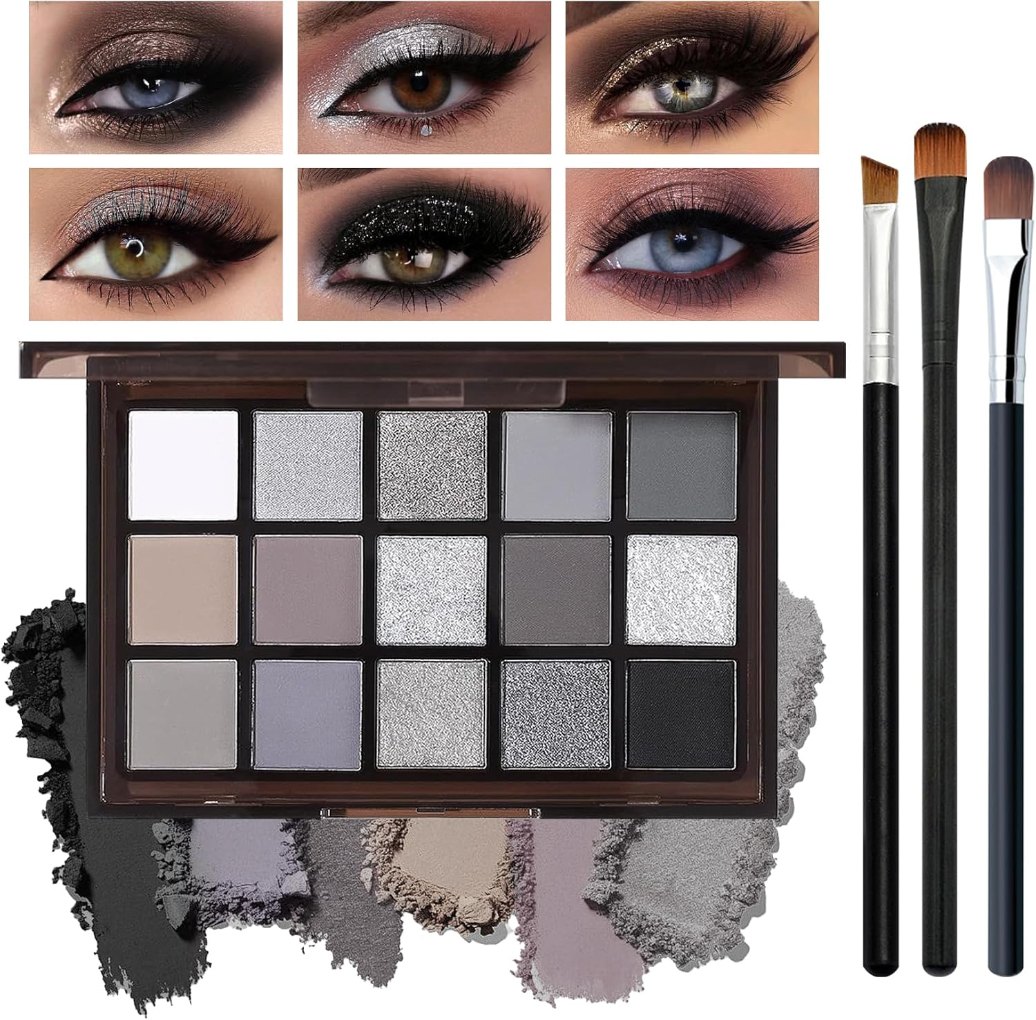 Black Smoky Eyeshadow Palette, Matte & Glitter Eye Shadow Palette for Smoky Goth Eye Makeup, 15 Neutral Shades, Longlasting Waterproof, 3PCS Brushes