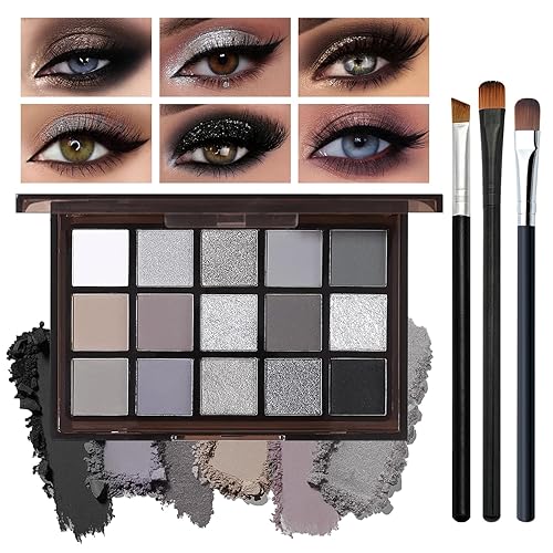 Miniatura 15 de Paleta de sombras de ojos ahumadas negras – brillo plateado, gris, oro, marrón – 9 colores – Acabado brillante y mate – Larga duración, resistente