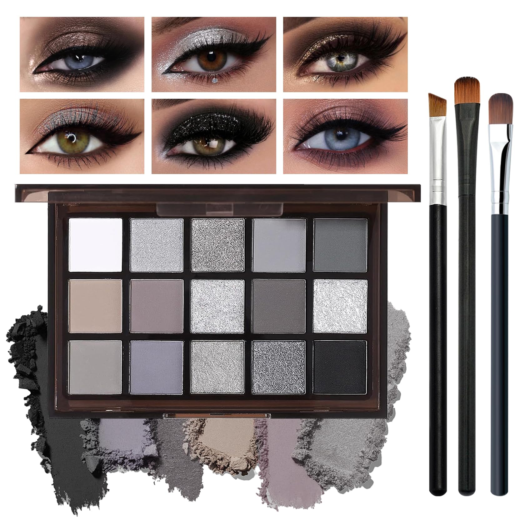 Black Smoky Eyeshadow Palette,Matte & Glitter Eye Shadow Palette for Smoky Goth Eye Makeup,Black White Gray Eyeshadow Makeup Palette,Longlasting Waterproofing Smoky Eyeshadow Palette with 3PCS Brushes