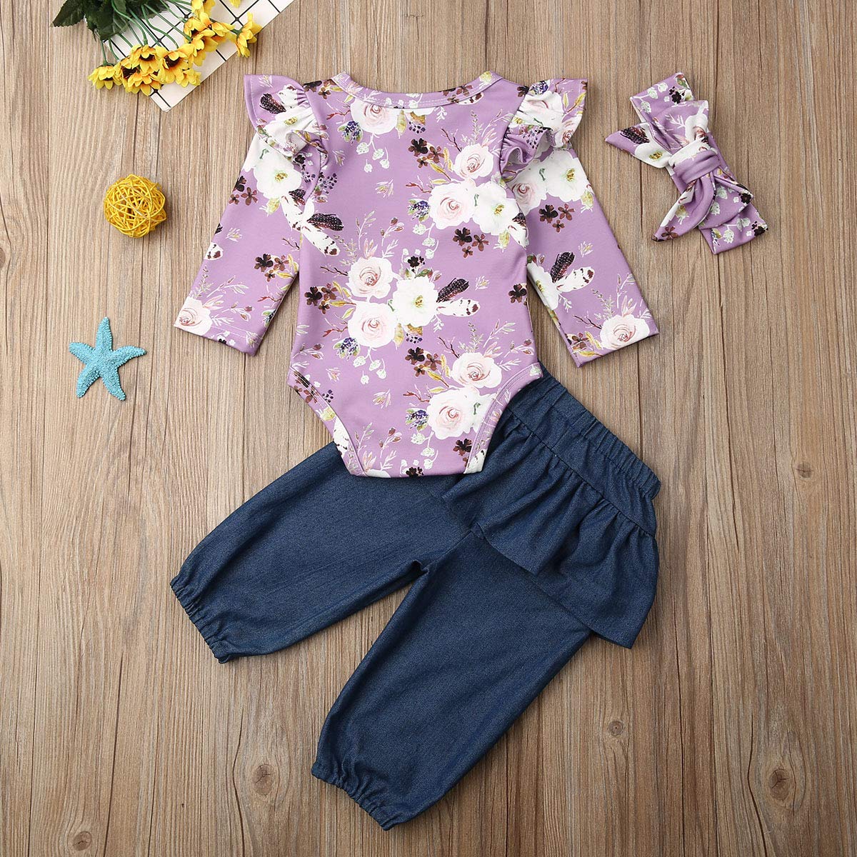 Fall Winter Baby Girl Clothes Long Sleeve Floral Bodysuits Rompers Tops+Ruffles Jeans Denim Pants Outfits Set+Headband (Jeans B, 12-18 Months)