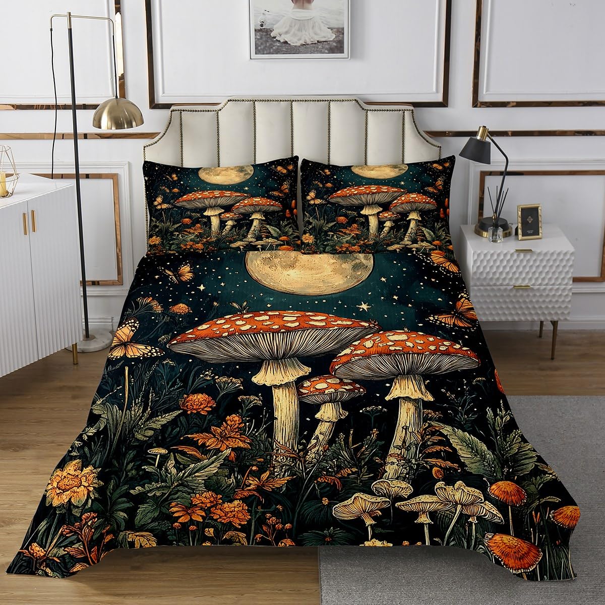 Mushroom Bedspread Twin Size,Trippy Mushrooms Botanical Bedding Set 2pcs for Kids Teens Living Room Decor,Mysterious Nature Jungle Quilted Coverlet Soft Breathable with 1 Pillowcase