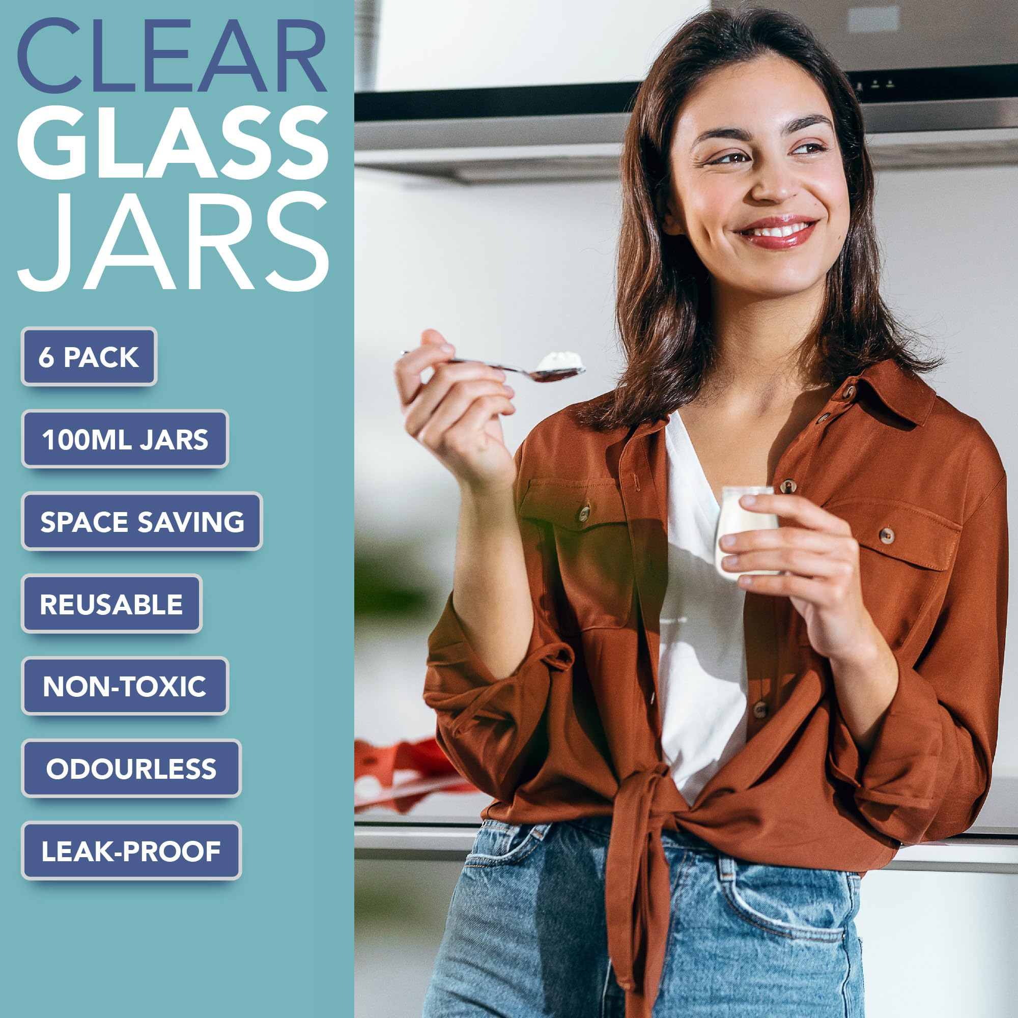 HEFTMAN Tarros pequeños de vidrio con tapas, juego de 6 botellas de chupito de vidrio herméticas vacías de 100 ml con tapas, tamaño de viaje, ollas a prueba de fugas, ollas de yogur, mini tarros de