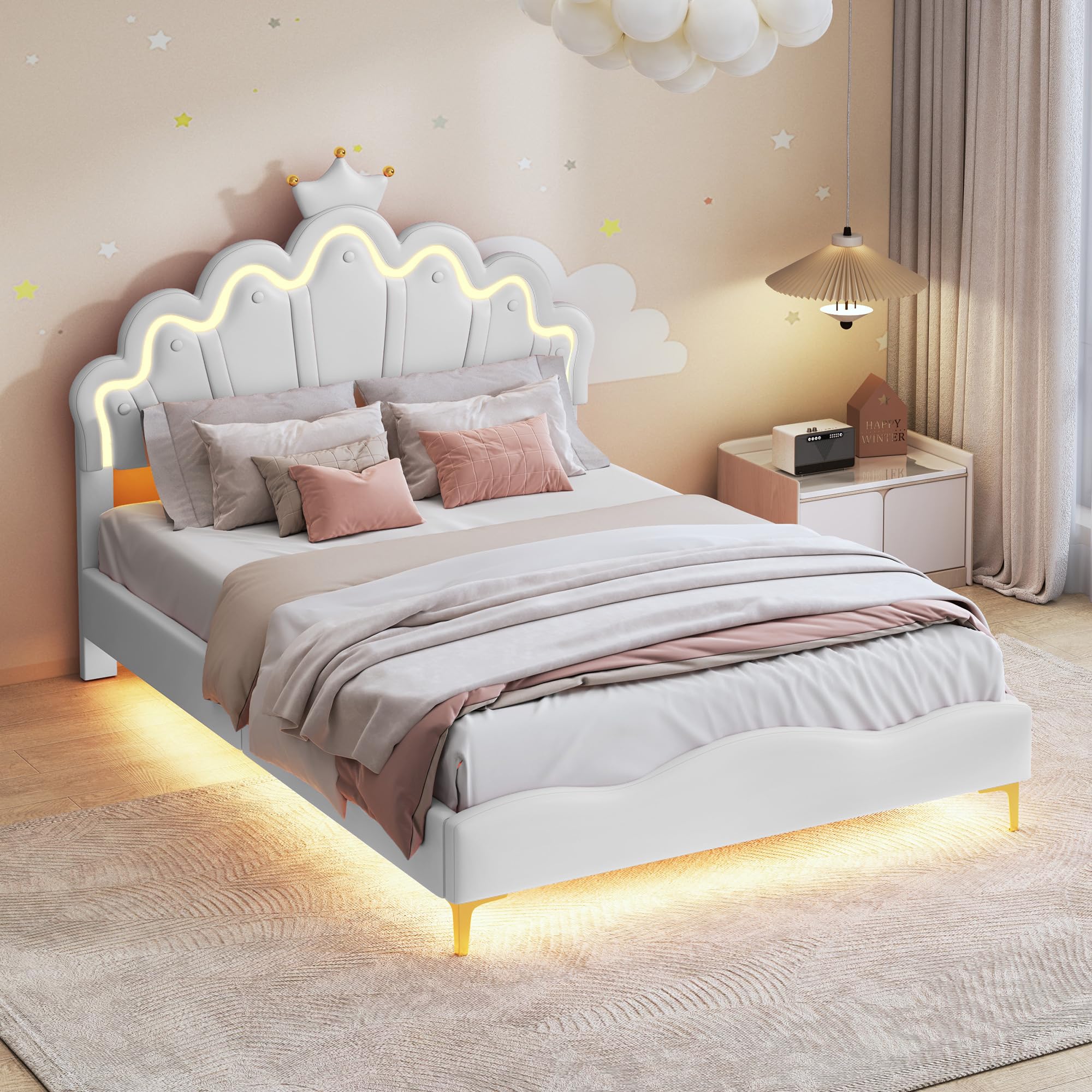PerGar Lit de princesse pour fille - Avec barre lumineuse LED - Coussin en cuir synthétique souple - Lit de princesse avec hauteur de tête de lit réglable (blanc, 140 x 200 cm)