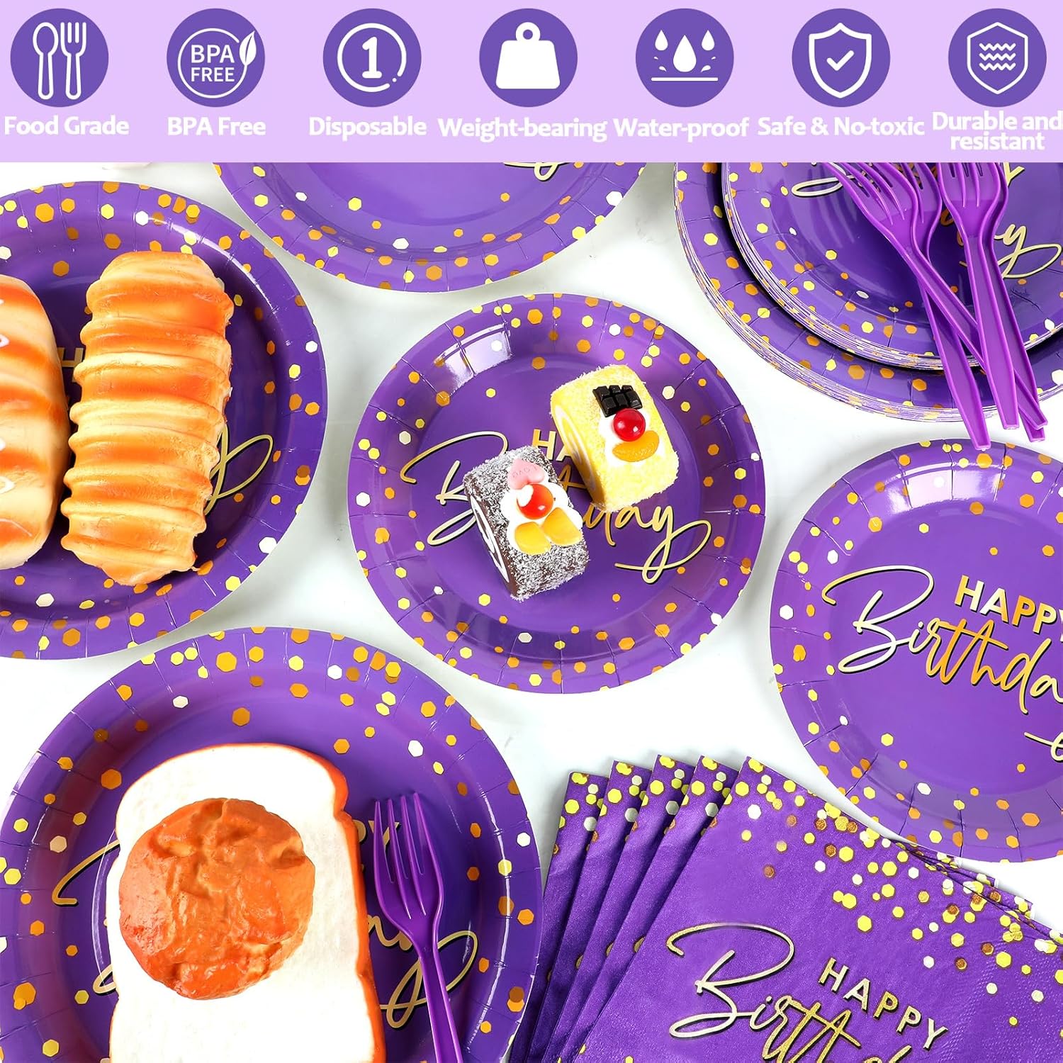 Wiooffen 96PCS Purple Gold Party Plates and Napkins - Happy Birthday Party Decorations - Disposable Tableware Set for 24 Guests