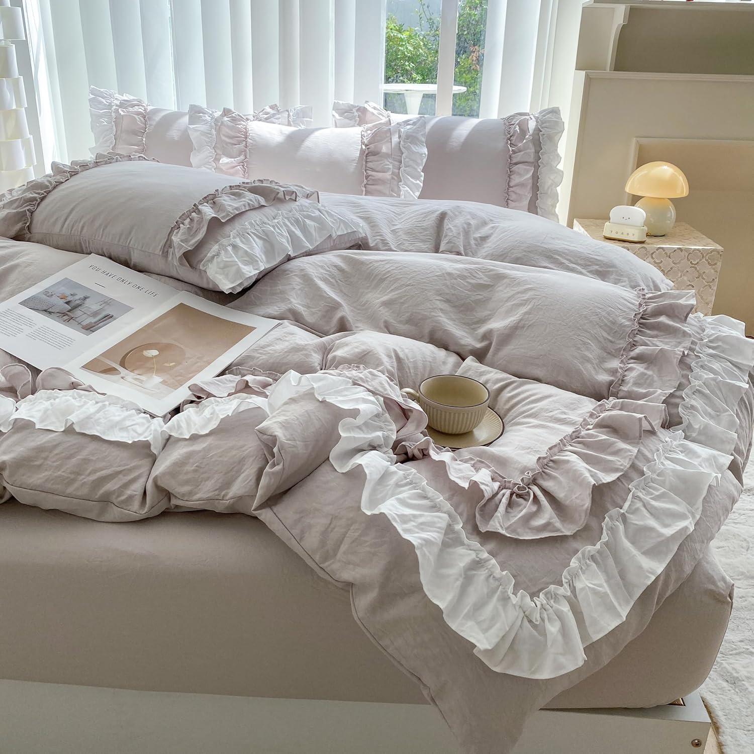 Shabby Chic 3 Pieces Bedding,Vintage Ruffled Full Duvet Cover Set with 2 Layers Ruffles,Soft Brushed Microfiber Set with Zipper Closure,Lightweight Duvet Cover Set-Cream Grey,Full