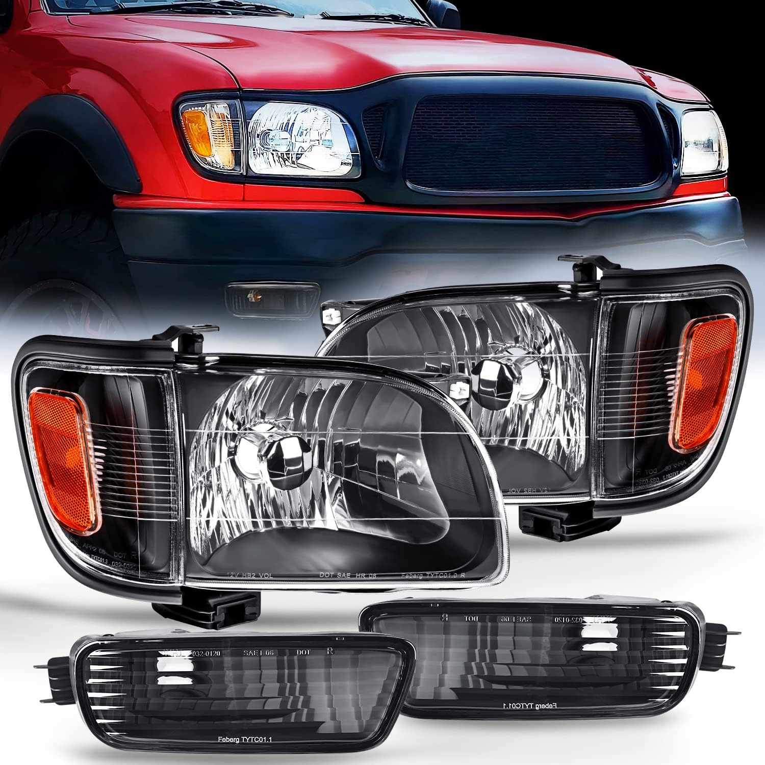 Nilight Headlight Assembly for 2001 2002 2003 2004 Toyota Tacoma Replacement Headlamp Black Housing Amber Reflector | For Tacoma 2001 2002 2003 2004 Black Housing Amber Reflector Headlights Replacement Driver and Passenger Side