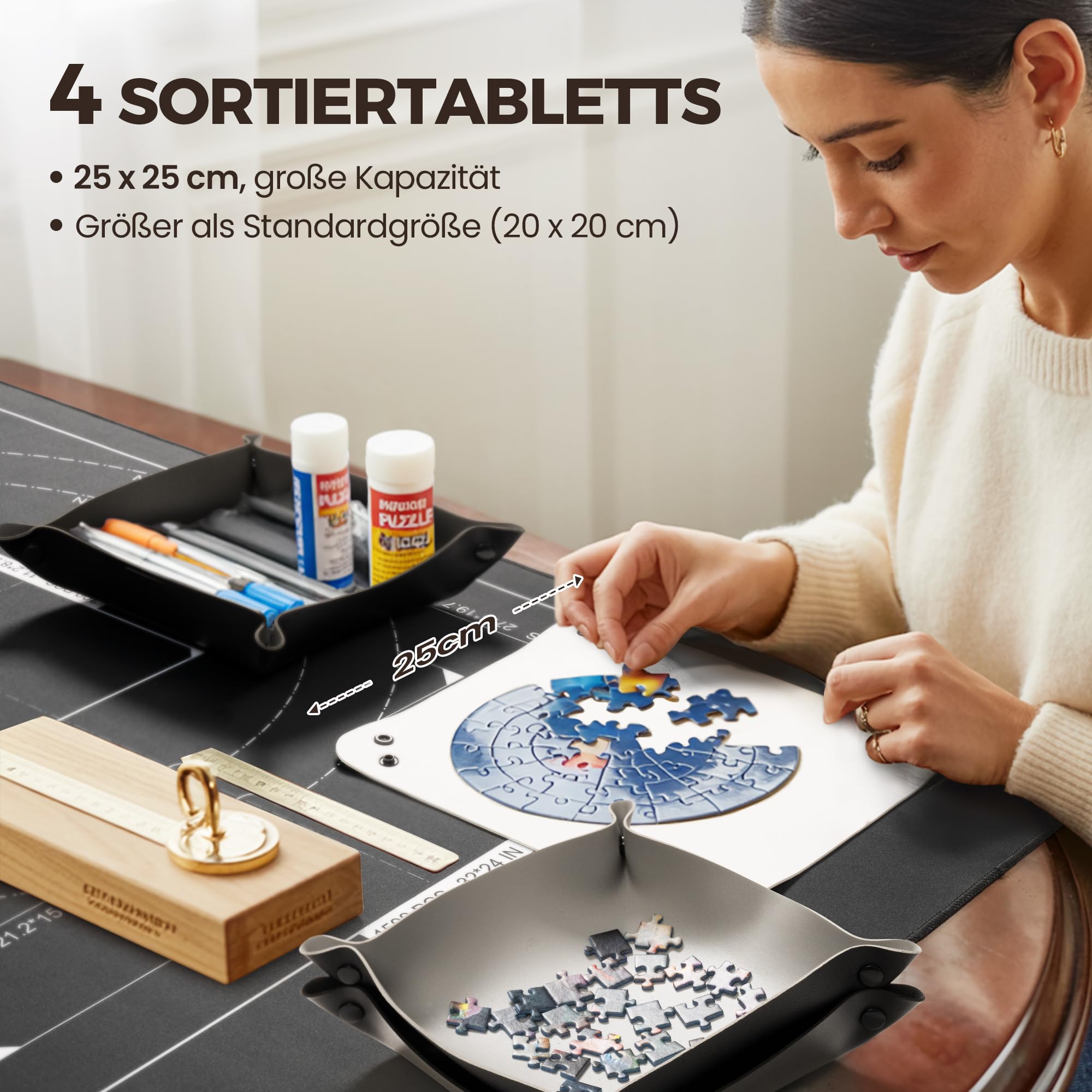 ROPODA Puzzlematte, rutschfeste Puzzle Matte mit Sortierfächern, Puzzelmatten für Puzzle bis 1500, Tragbare Puzzle Matte Roll mit Aufbewahrungstasche, Puzzle-Sparer für Erwachsene und Kinder, Schwarz