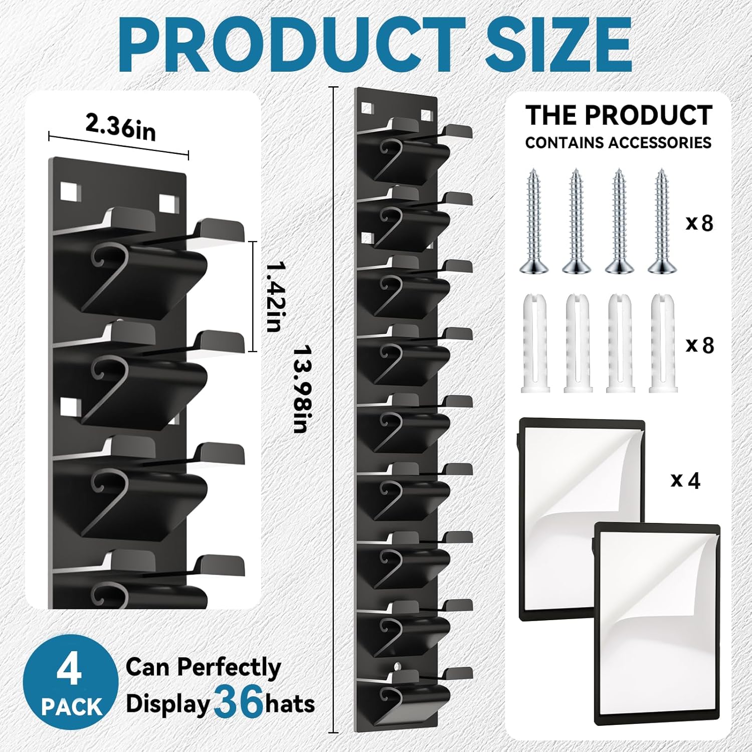 4 Pack Hat Organizer for Baseball Caps, Hat Organizer for Wall Hold up to 36 Hats, Wall-Mounted Hat Display Stand, Hat Rack, Baseball Hat Organizer, Black