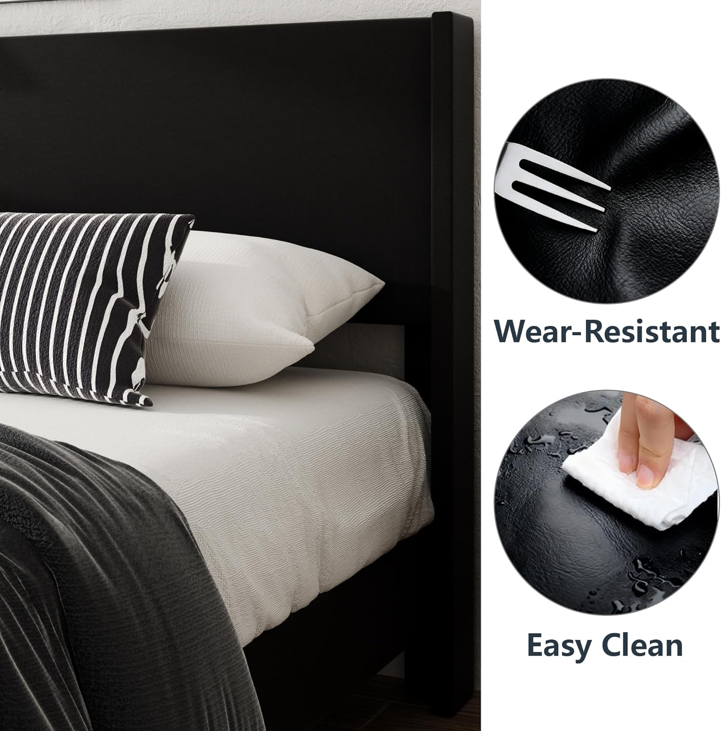 King Bed Frame with Faux Leather Upholstered Headboard, Wear-Resistant, Easy Clean, Mattress Foundation, No Box Spring Required, Easy Assembly, Black