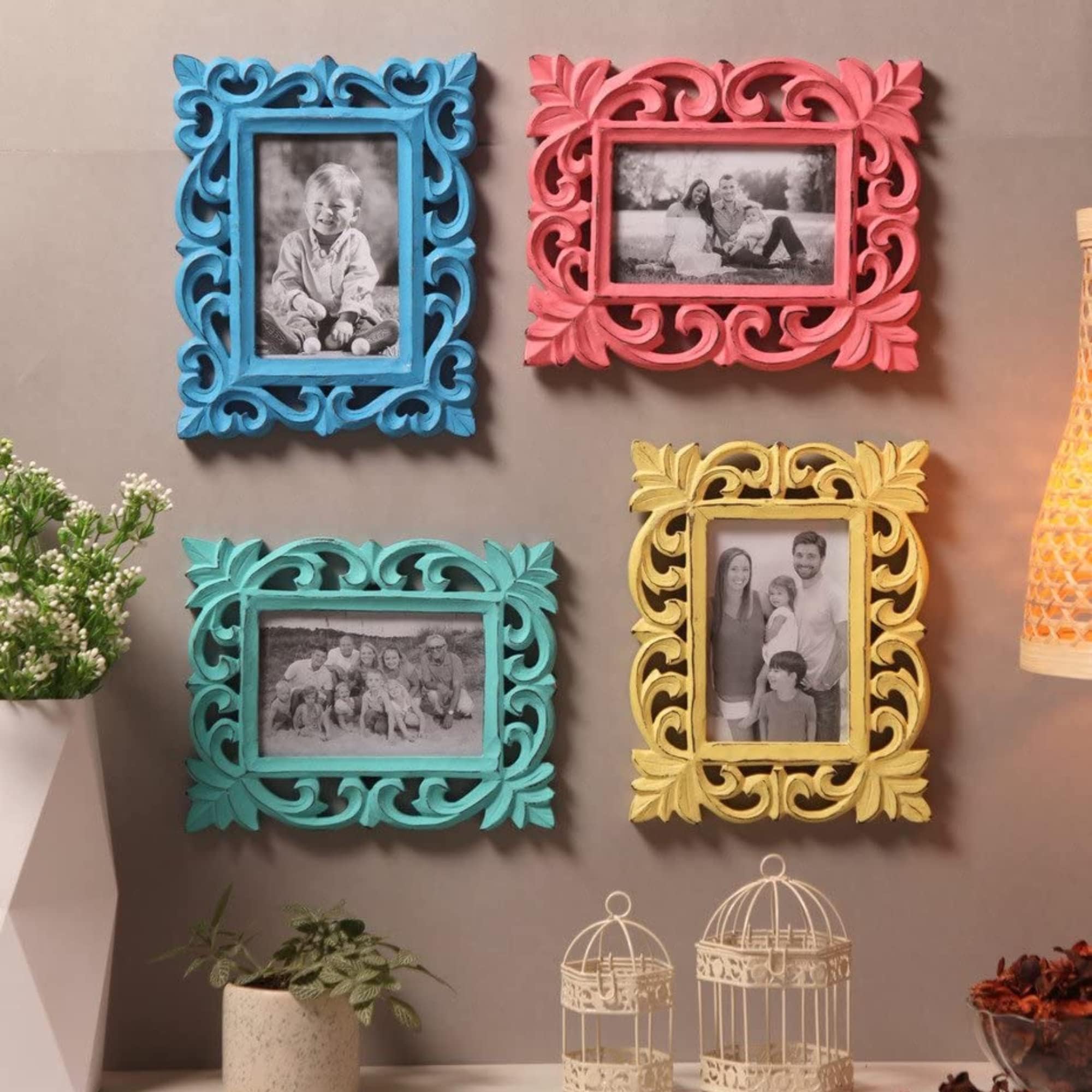 Royalzig Set of 4 - Wooden Hand Carved Photo Frame for Wall Decoration and Tabletops Display - 5 x 7 Picture Frame - Wood Carving Wall Hanging Decor – Pink, Blue, Turquoise and Yellow