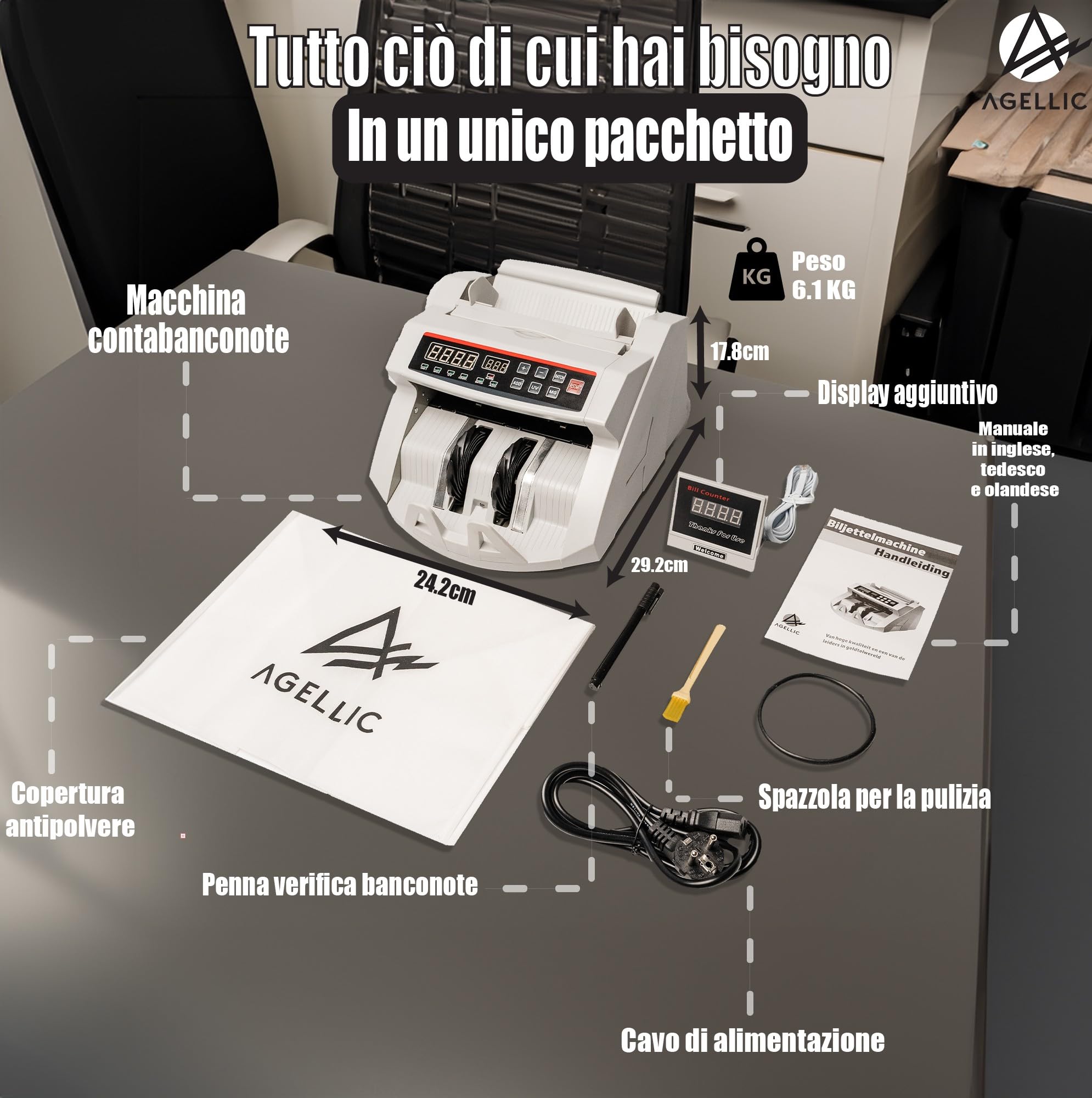 Conta Banconote | Macchina Conta Soldi Professionale | Rilevatore Banconote False 3-Fold | 1000 Banconote/min | Verifica Banconote e Controllo Soldi Falsi | Incl. Pennarello Banconote