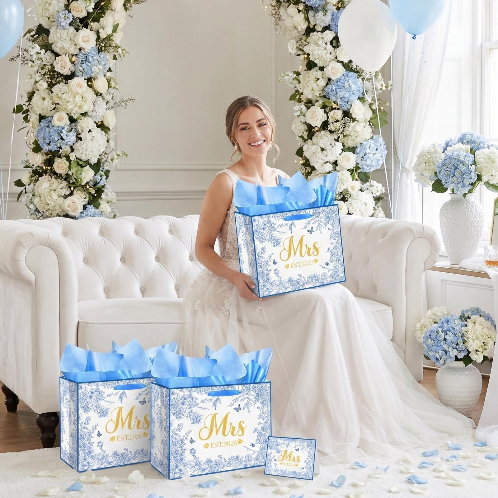 Woosytoo EST 2026 Mrs Bride Gift Bag Blue Bridal Shower Gift Bag with Tissue Paper and Card Mrs 2026 Wedding Gift Bag for Butterfly Bridal Shower Bachelorette Party Engagement Decor Supplies