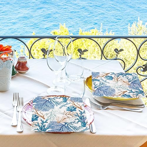 Miniatura 7 de Paquete de 80 servilletas de papel de verano de 6.5 x 6.5 pulgadas, estampado coral océano, servilletas de papel desechables de acuarela para fiesta