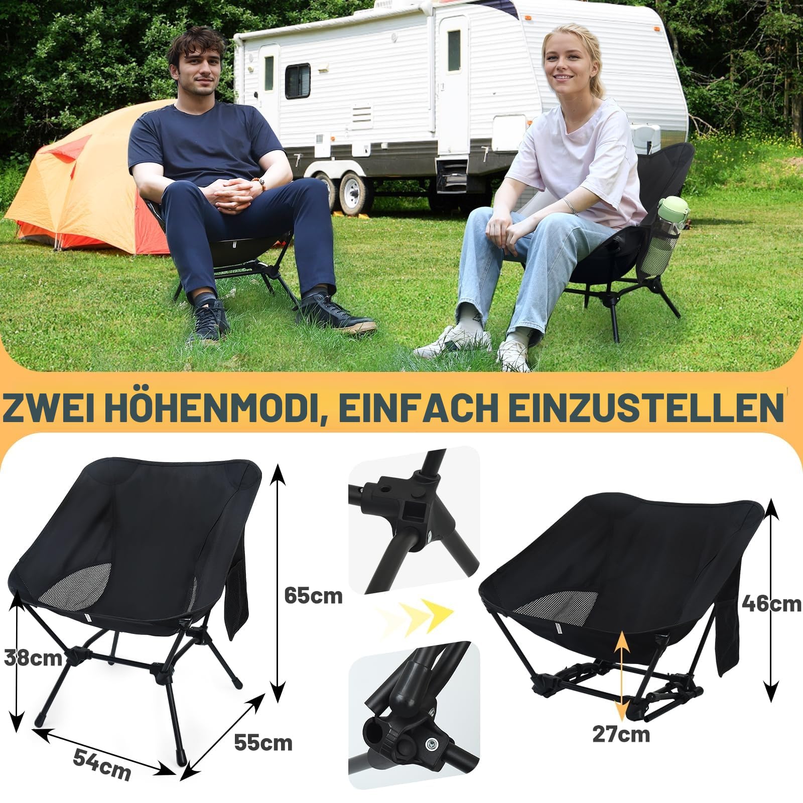 Campingstuhl Faltbar, Ultraleicht Kleiner Faltstuhl, Verstellbare Höhe, Mit Seitentaschen, Campingstuhl Kleines Packmaß Für Picknick Angeln Garten Wandern Sport Outdoor Rucksackreisen