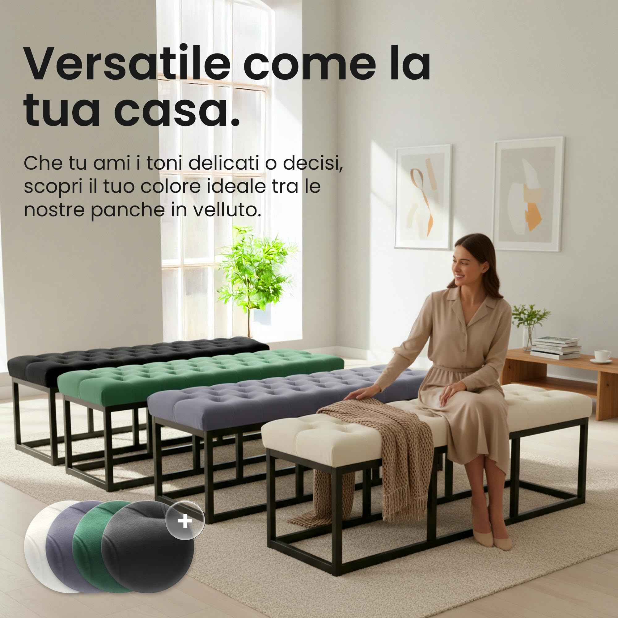 CLP Panca Polson, Moderna, Struttura Nera, Velluto, Trapuntata, Protezioni per Pavimenti, Design, Colore:Nero, Dimensione:150 cm