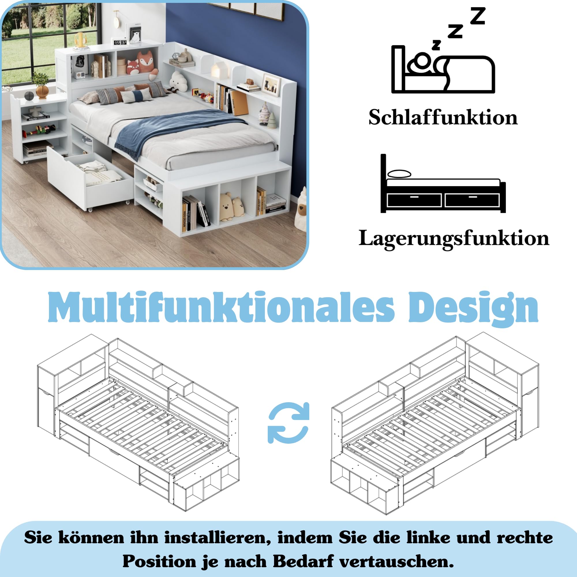 Merax Kinderbett 90x200 cm mit Stauraum, Einzelbett Funktionsbett Jugendbett mit Schubladen, Stauschrankgal, Bücherregal, Nachttisch, Ohne Matratze, Weiß/254x109x91cm