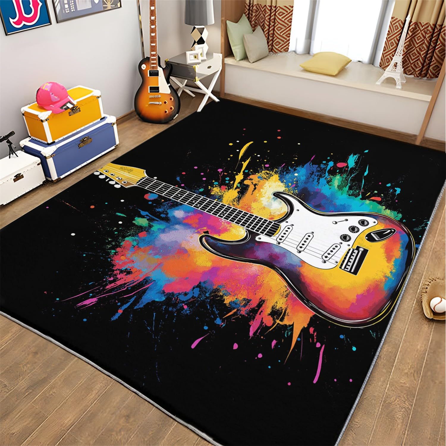 Tapis Salon Instrument de Musique Rock Guitare pour Chambre Tapis Poils Ras 100 x 160 cm, Art Musical Tapis de Salon, Tapis Rectangulaire Antidérapant, Idéal pour Les Salons et Les Couloirs