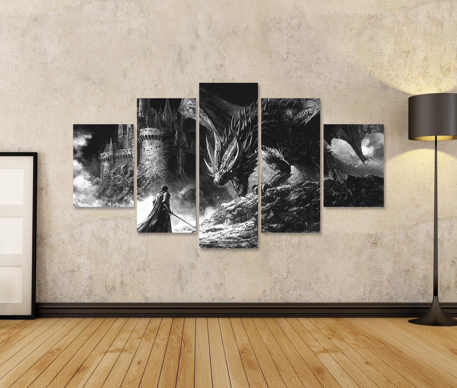 islandburner Prime Bild auf Leinwand Drache an der Burg mit tapferem Krieger Bilder Wandbilder Poster