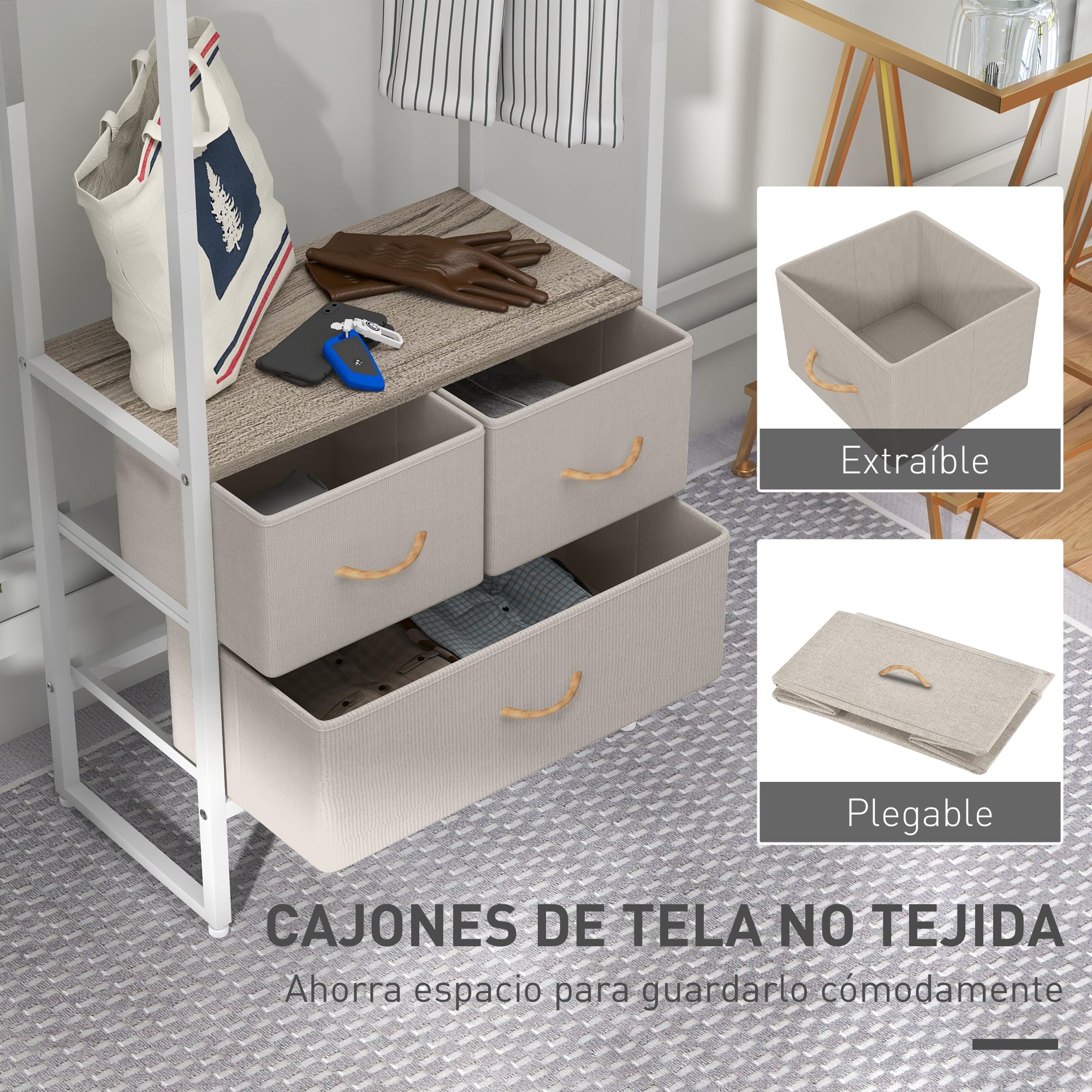 HOMCOM Perchero para Ropa Perchero Recibidor con 3 Cajones de Tela Barra para Colgar y Estante de Almacenamiento para Pasillo Dormitorio Sala de Estar 58,5x30x178 cm Natural