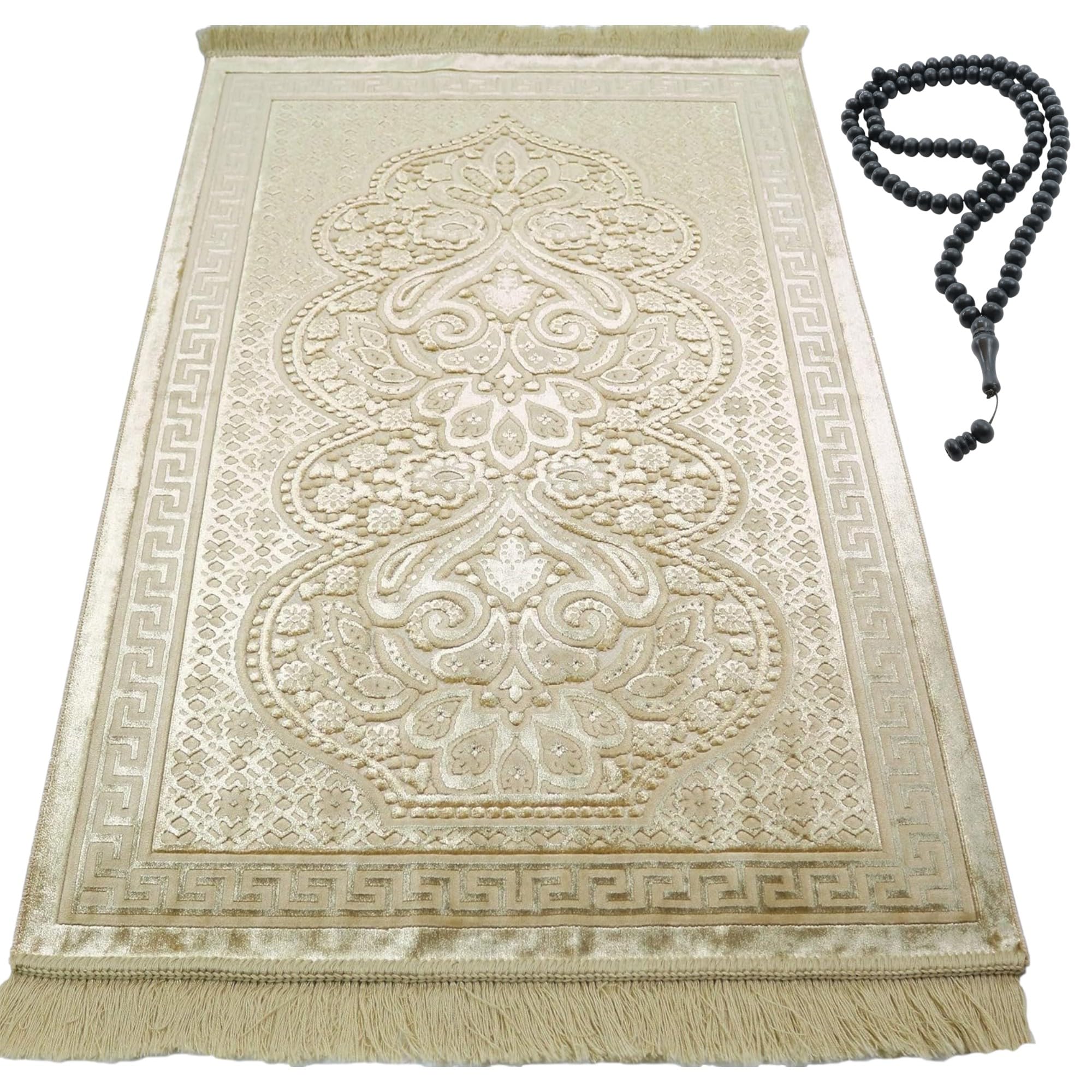 Modefa Luxury Velvet Prayer Rug with Prayer Beads | Soft Elegant Muslim Turkish Janamaz Sajada Carpet for Men and Women | Plain Solid Prayer Mat Ramadan Eid Gift - Paisley (Golden Yellow)