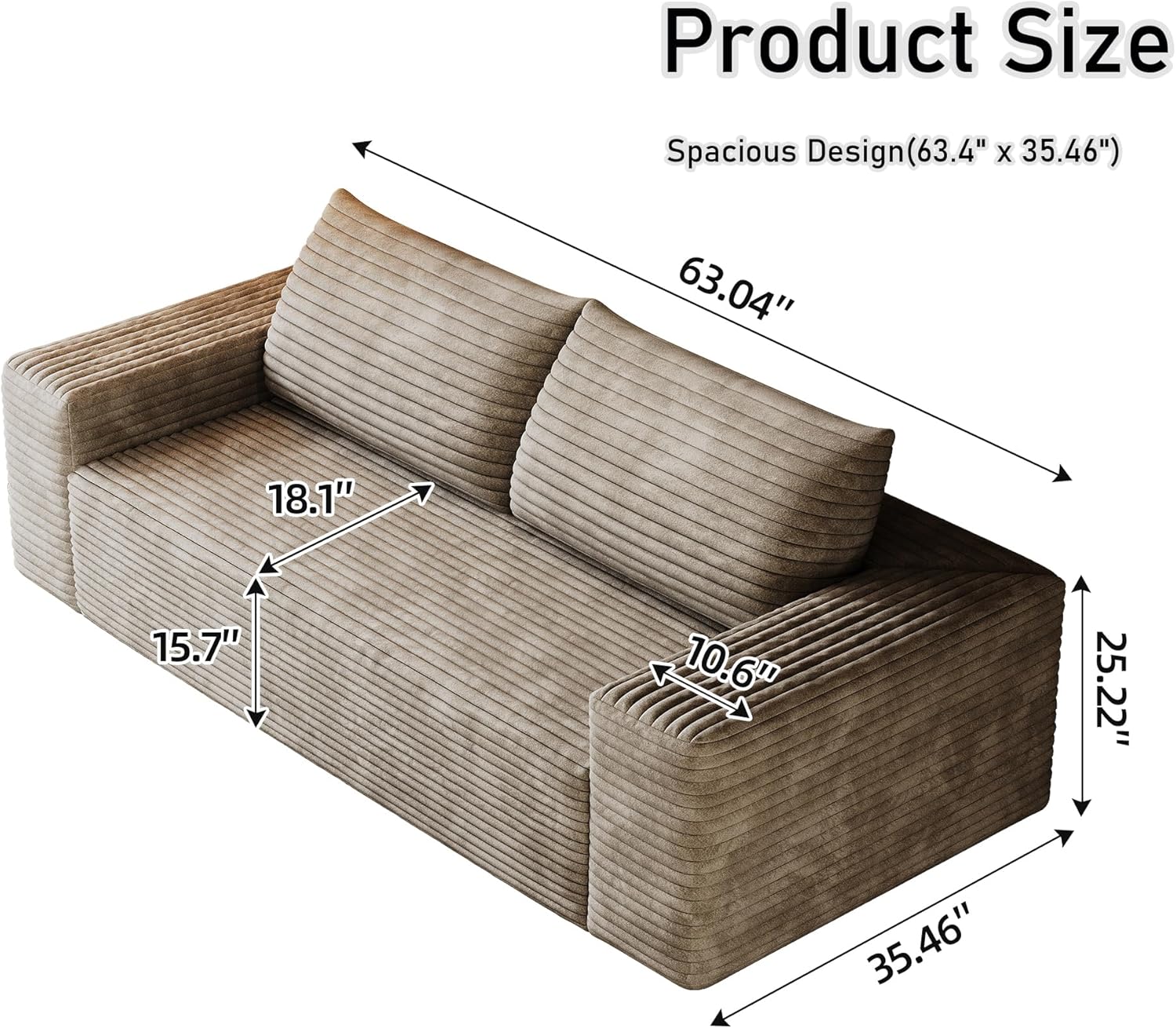 63" Boneless Couches for Living Room,Corduroy Loveseat Sofa for Small Spaces & Bedroom & Apartment,Compressed Sofa No Assembly Required,Camel