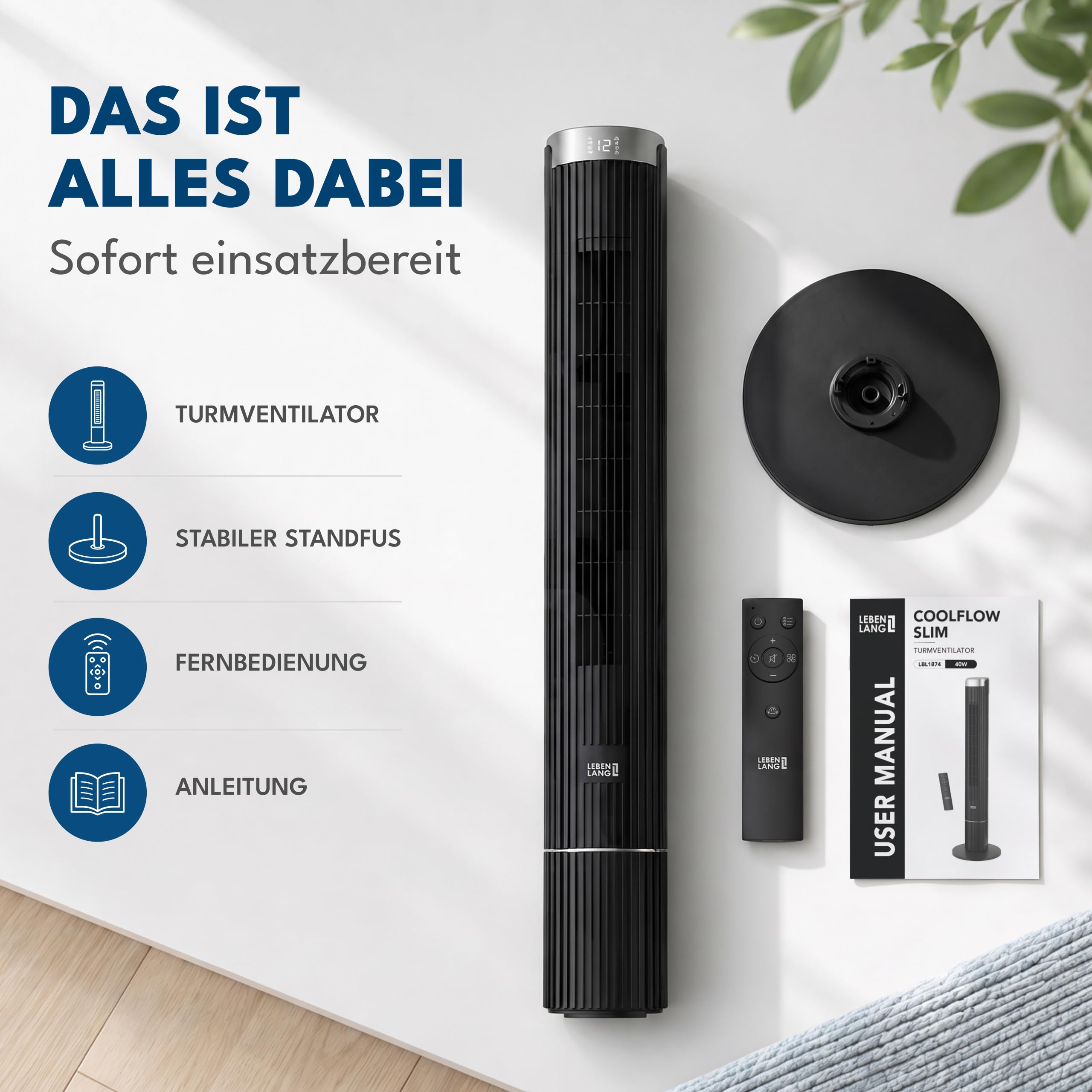 LEBENLANG Turmventilator Sehr Leise 19,8 dB(A) - 4 Modi & 90° Oszillation | Ventilator Leise Schlafzimmer Ventilator mit Kühlung Standventilator Ventilatoren Air Cooler Tower Fan I 12 Geschwindigkeiten