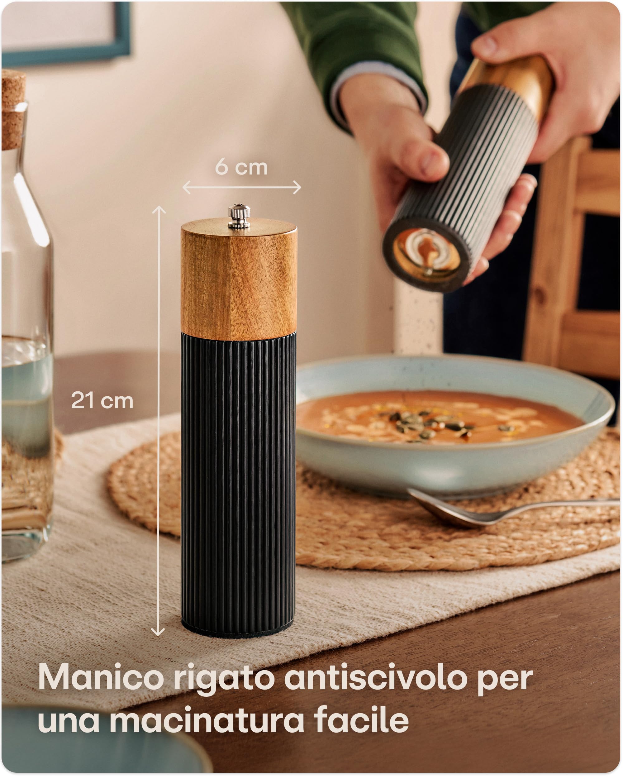Praknu Macina Pepe e Sale Manuale – Legno di Acacia FSC® – Design Elegante con Macina in Ceramica – Regolabile e Durevole – Nero – Grande