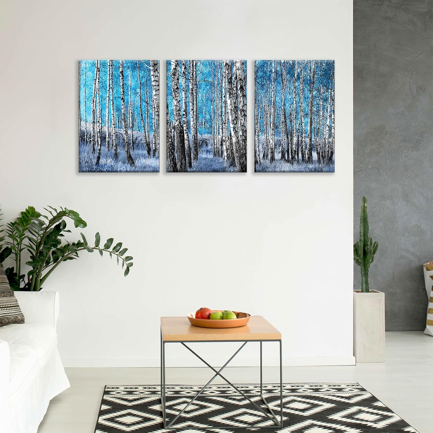 3 Piece Canvas Wall Art for Living Room, White Birch Trees in Blue Forest Painting Artwork Picture for Bedroom Office Home Wall Decorations blue 16"x28"x3Pcs