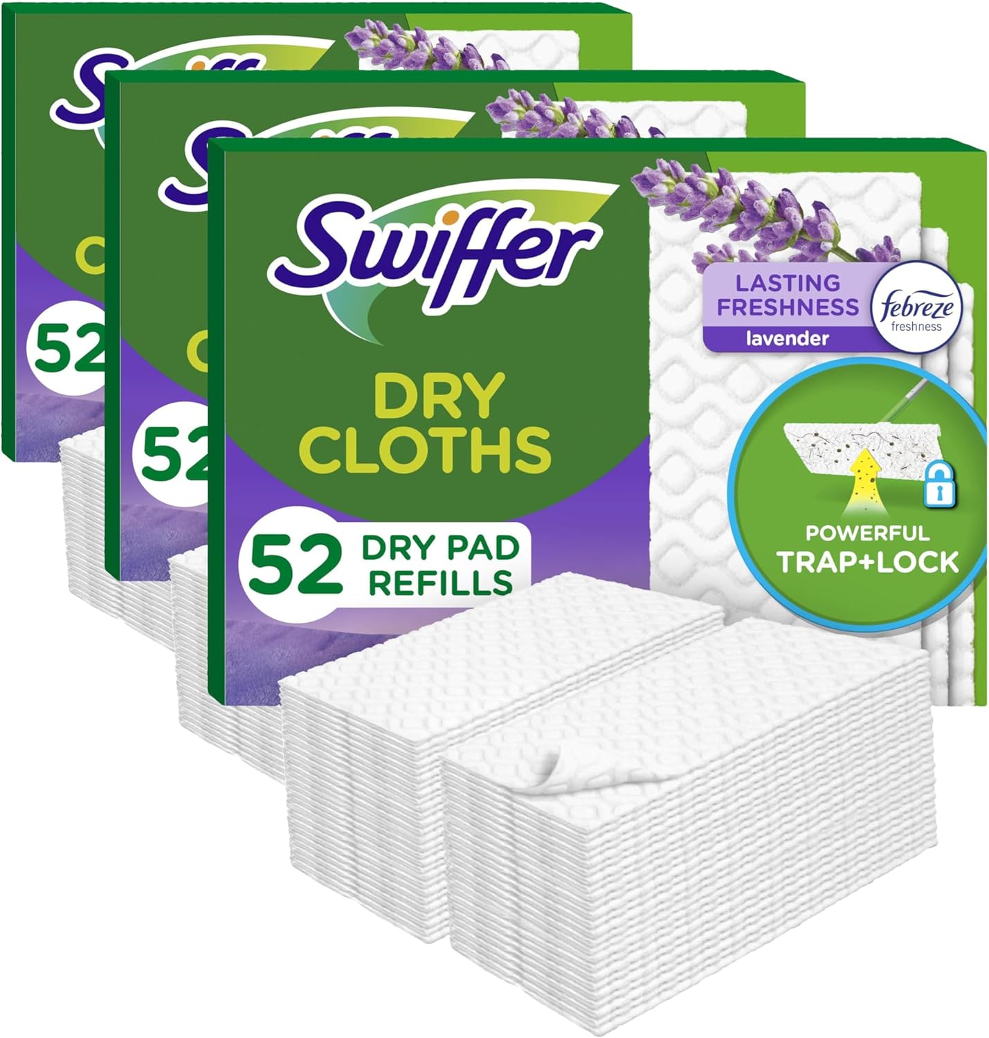 Swiffer Sweep + Mop, Dry Pads Refill, Floor Cleaner for Dirt, Dust, Hair, Cleaning Cloths for Mopping Home, Bathroom, Kitchen, Dust Mop, Floor Duster, Lavender, 52ct (Pack of 3)