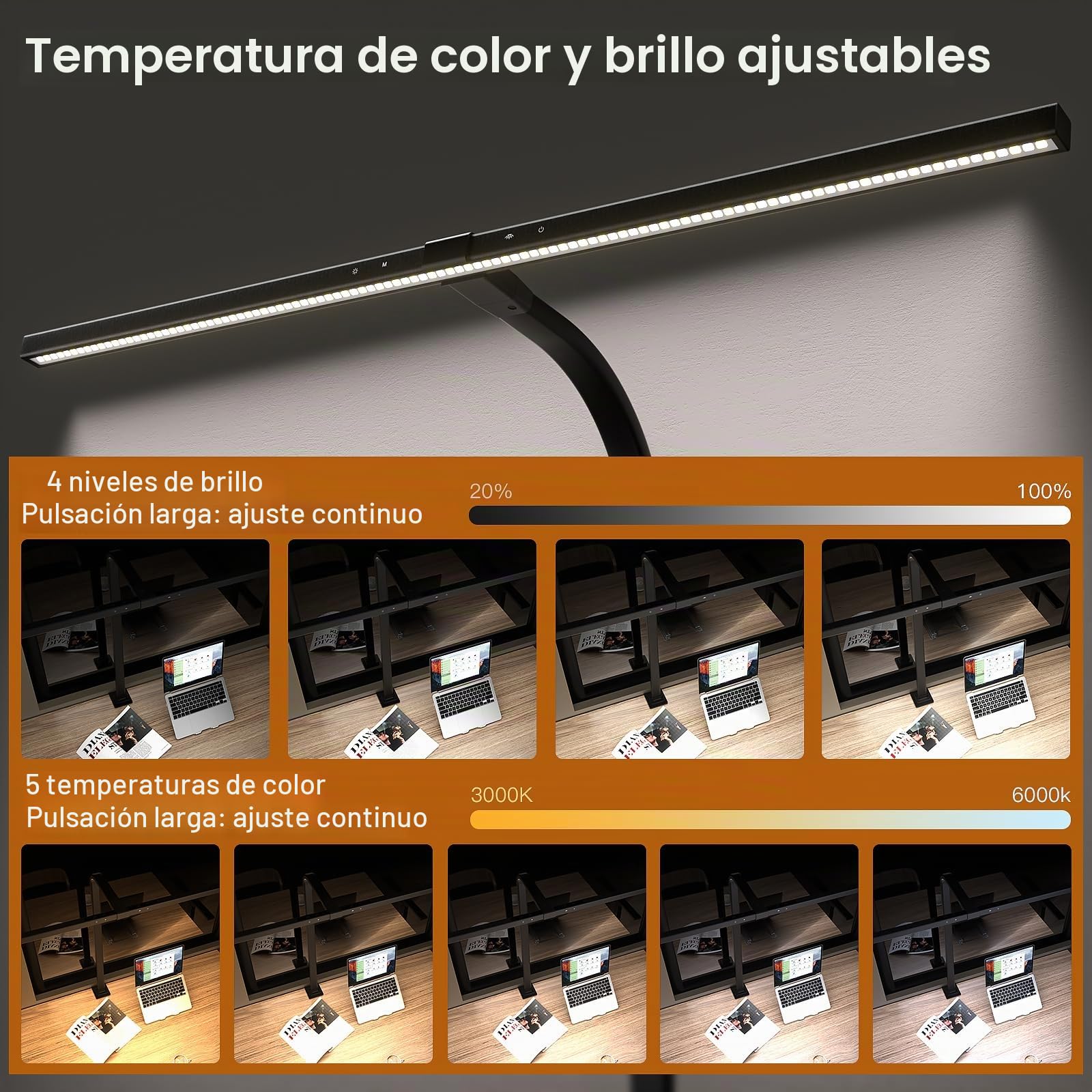 EYOCEAN Lámpara de escritorio LED con atenuación automática, lámpara de sobremesa de 80 cm con pinza y temperaturas de color ajustables, lámpara de luz diurna con protección ocular